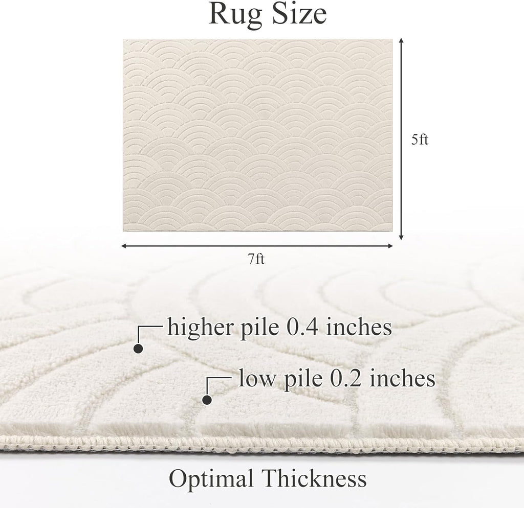 SHACOS Soft Cozy Fluffy Arch Waves Pattern High-Low Textured Area Rug 5'x7' Non Slip Washable Minimalist Modern Graphic Rainbow Carpet for Living Room Bedroom Bathroom Dining Room, Cream