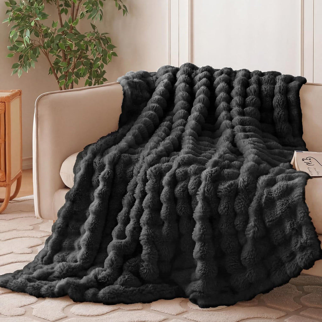 Wajade Fluffy Faux Fur Throw Blanket for Couch Bed 60x80, Luxury Soft Thick Fuzzy Plush Bubble Blanket, Warm Cozy Blanket for Sofa Chair Linen