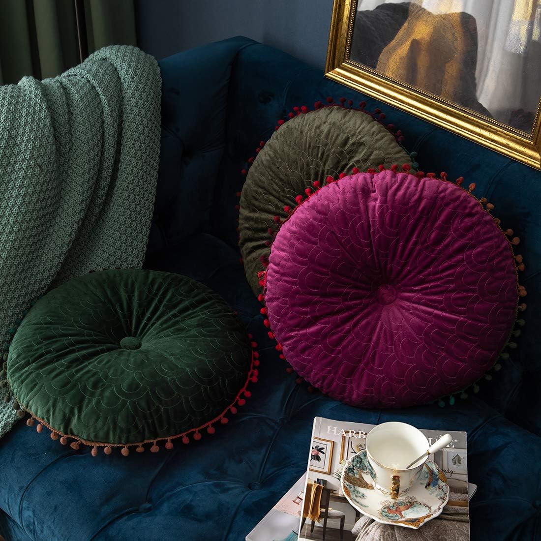 vctops Velvet Soft Round Chair Pads Cute Gradient Pom Pom Indoor Dining Chairs Cushion (Dark Green, Diameter 16")