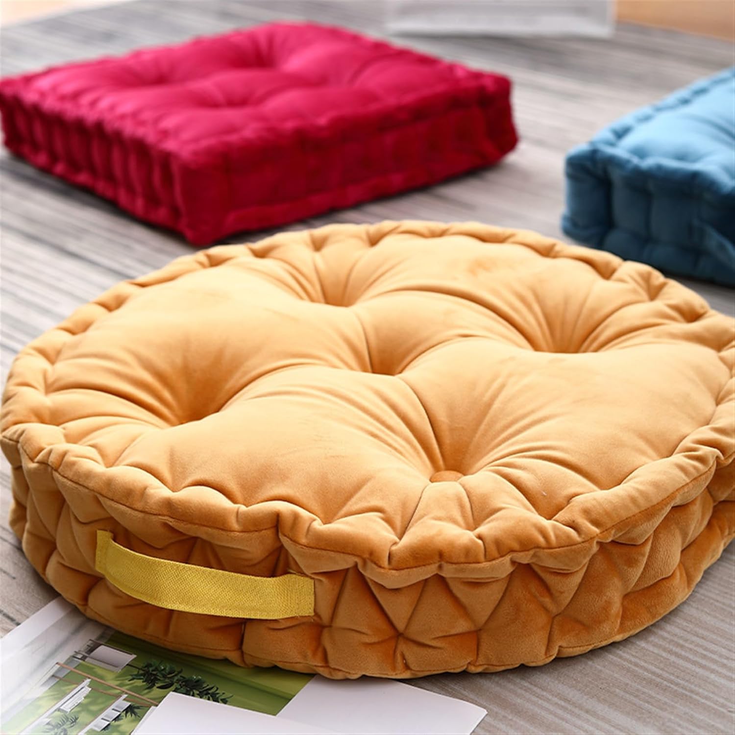 Lifup Large Round Floor Pillow Cushion for Adults, Tufted Plush Cushions with Handle for Classroom Balcony Tatami Living Room Yoga Seating Yellow 20"