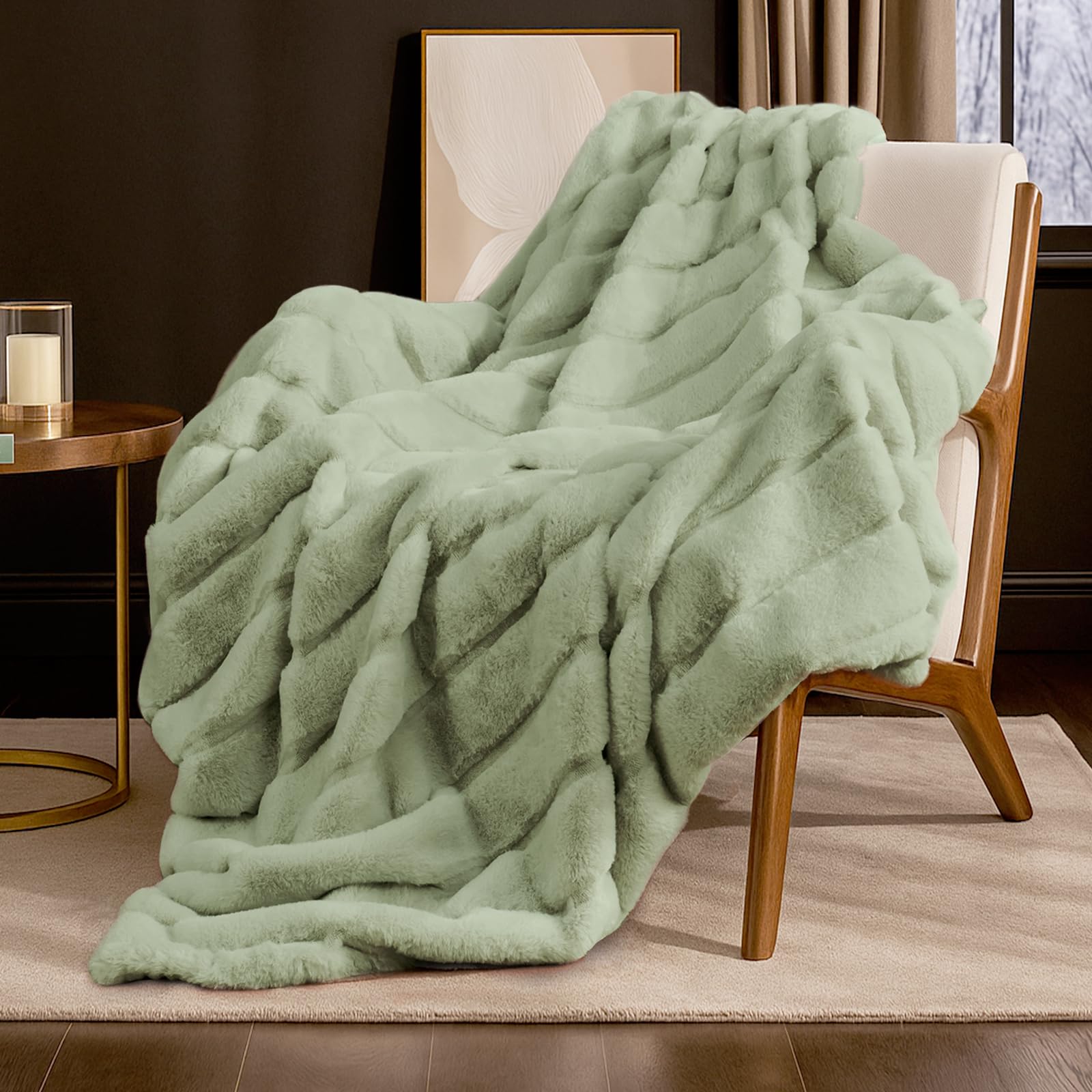 Cozy Bliss Deluxe Sheared Rabbit Faux Fur Throw Blanket, Soft Fuzzy High-Low Sculpted Plush Blanket for Couch, Cozy Home Accent, All Season Use, Beige 50"x60"