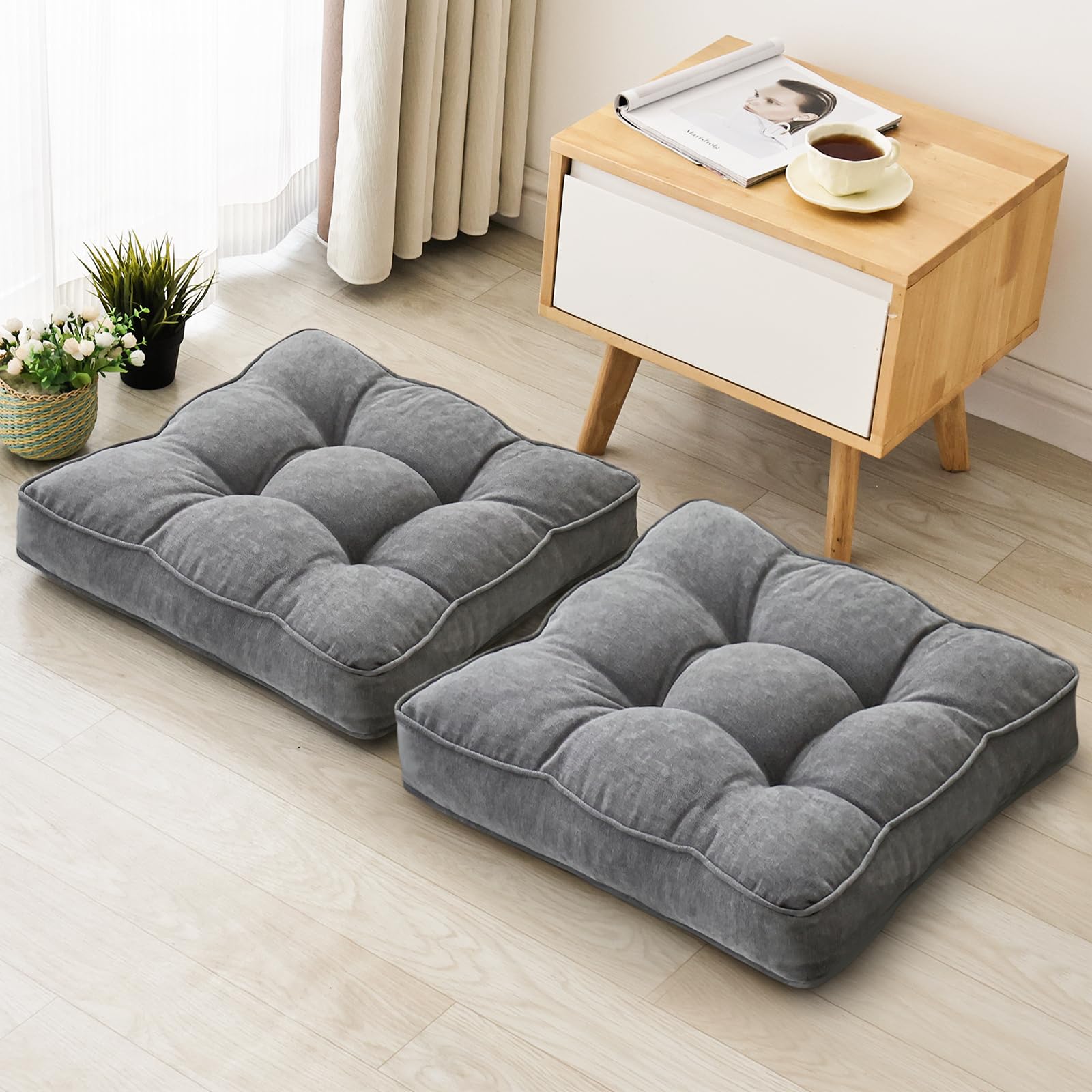 Beige Round Floor Cushions 22", Set of 2 Memory Foam Meditation Pillows