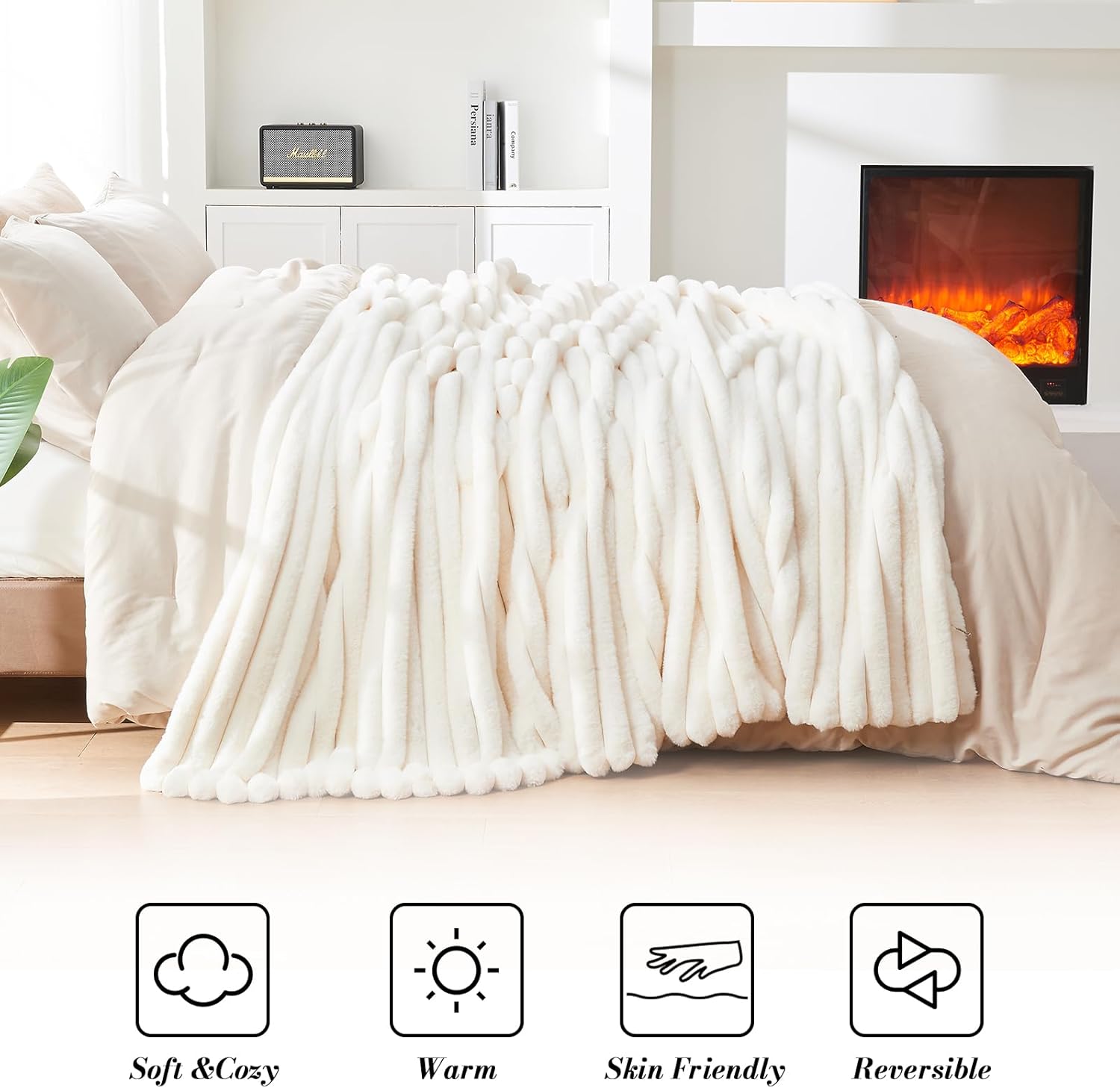 Lotus Karen Faux Fur Twin Blanket for Couch, Cozy Soft Fluffy Fuzzy Cream White Blanket, Striped Warm Thick Furry Plush Shaggy Small Blankets for Women,60x80 Inches