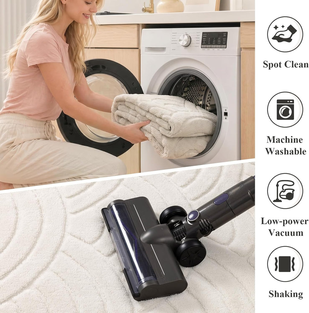 SHACOS Soft Cozy Fluffy Arch Waves Pattern High-Low Textured Area Rug 5'x7' Non Slip Washable Minimalist Modern Graphic Rainbow Carpet for Living Room Bedroom Bathroom Dining Room, Cream