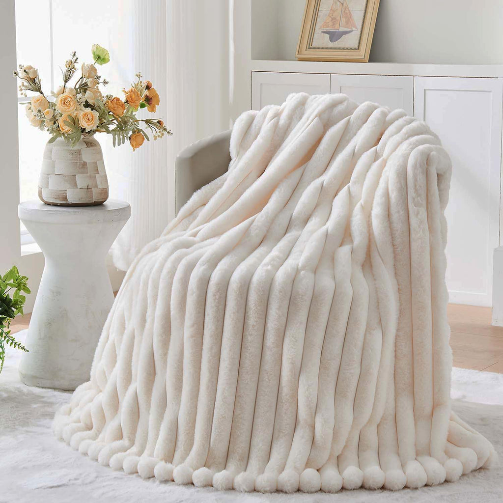 Lotus Karen Faux Fur Twin Blanket for Couch, Cozy Soft Fluffy Fuzzy Cream White Blanket, Striped Warm Thick Furry Plush Shaggy Small Blankets for Women,60x80 Inches