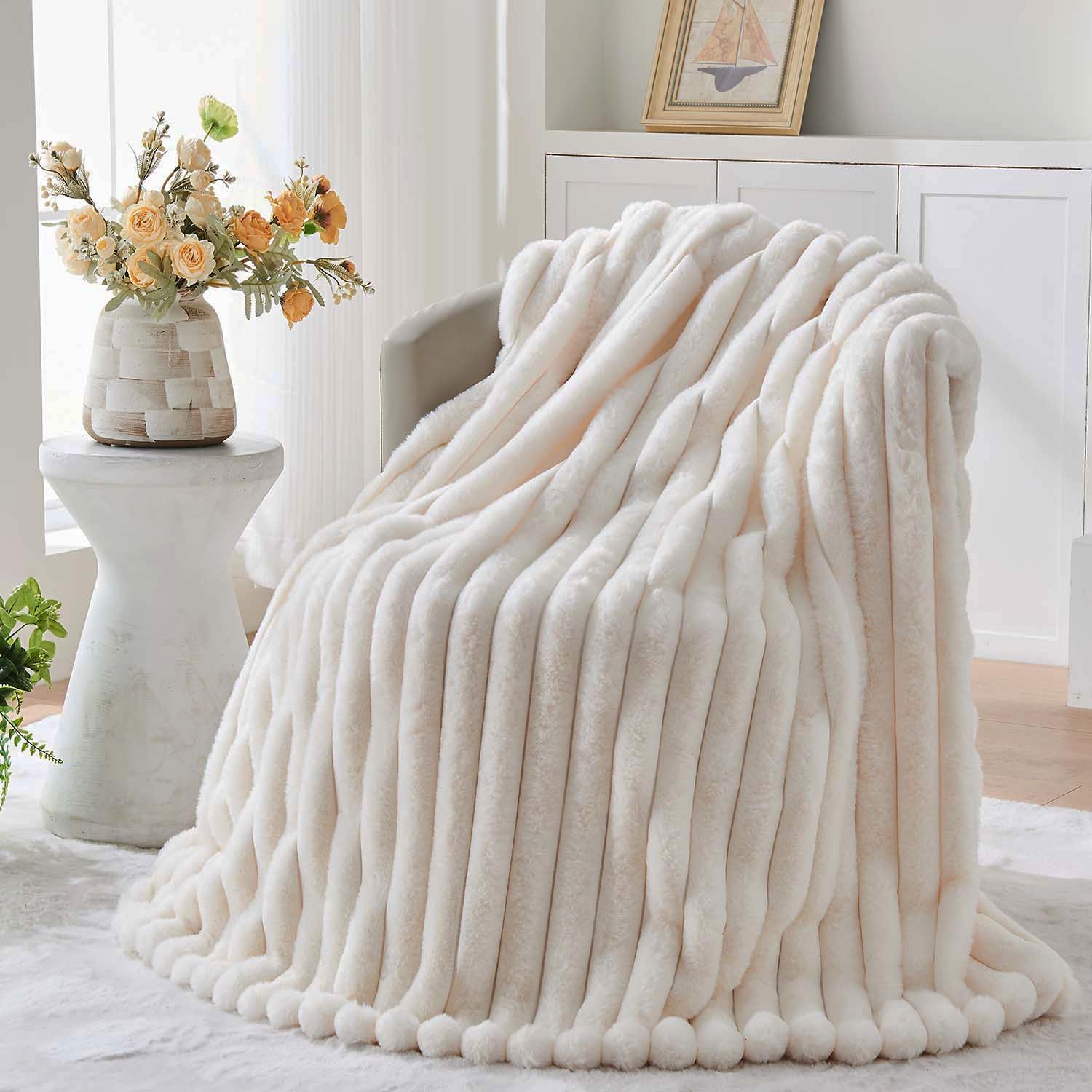 Lotus Karen Faux Fur Twin Blanket for Couch, Cozy Soft Fluffy Fuzzy Cream White Blanket, Striped Warm Thick Furry Plush Shaggy Small Blankets for Women,60x80 Inches