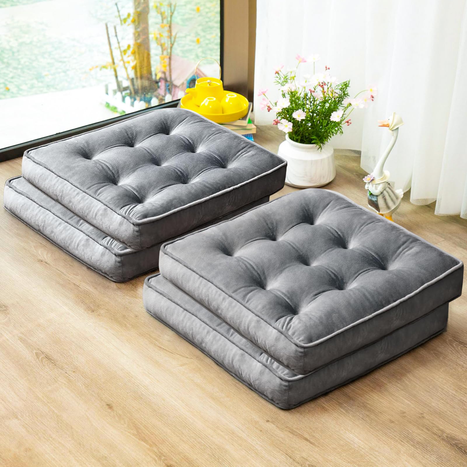 1 MIDDLE ONE Floor Pillow Set of 2, Memory Foam Meditation Cushion, Floor Cushions for Adults Sitting, Large Round Seat Cushions for Yoga, Living Room, 20x20 Inch (Round | Grey)