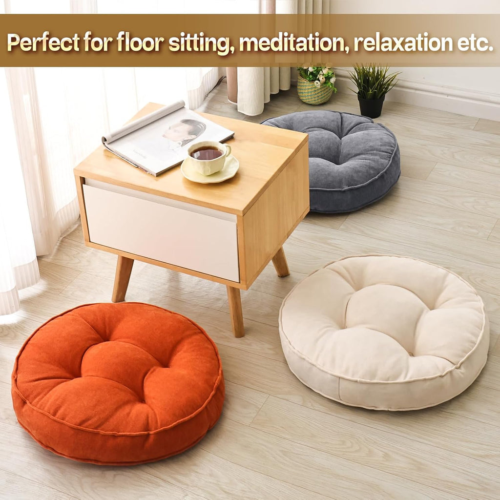 Beige Round Floor Cushions 22", Set of 2 Memory Foam Meditation Pillows