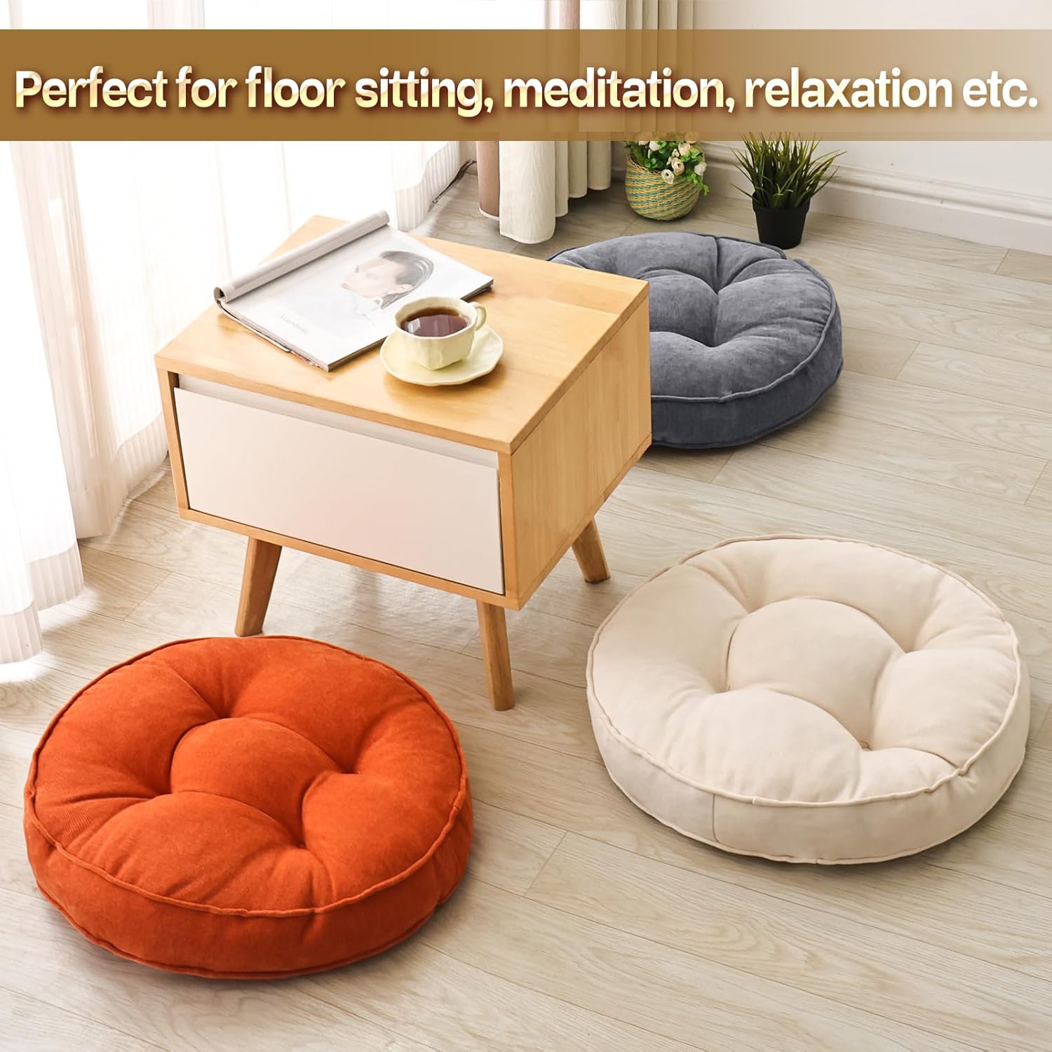 Beige Round Floor Cushions 22", Set of 2 Memory Foam Meditation Pillows