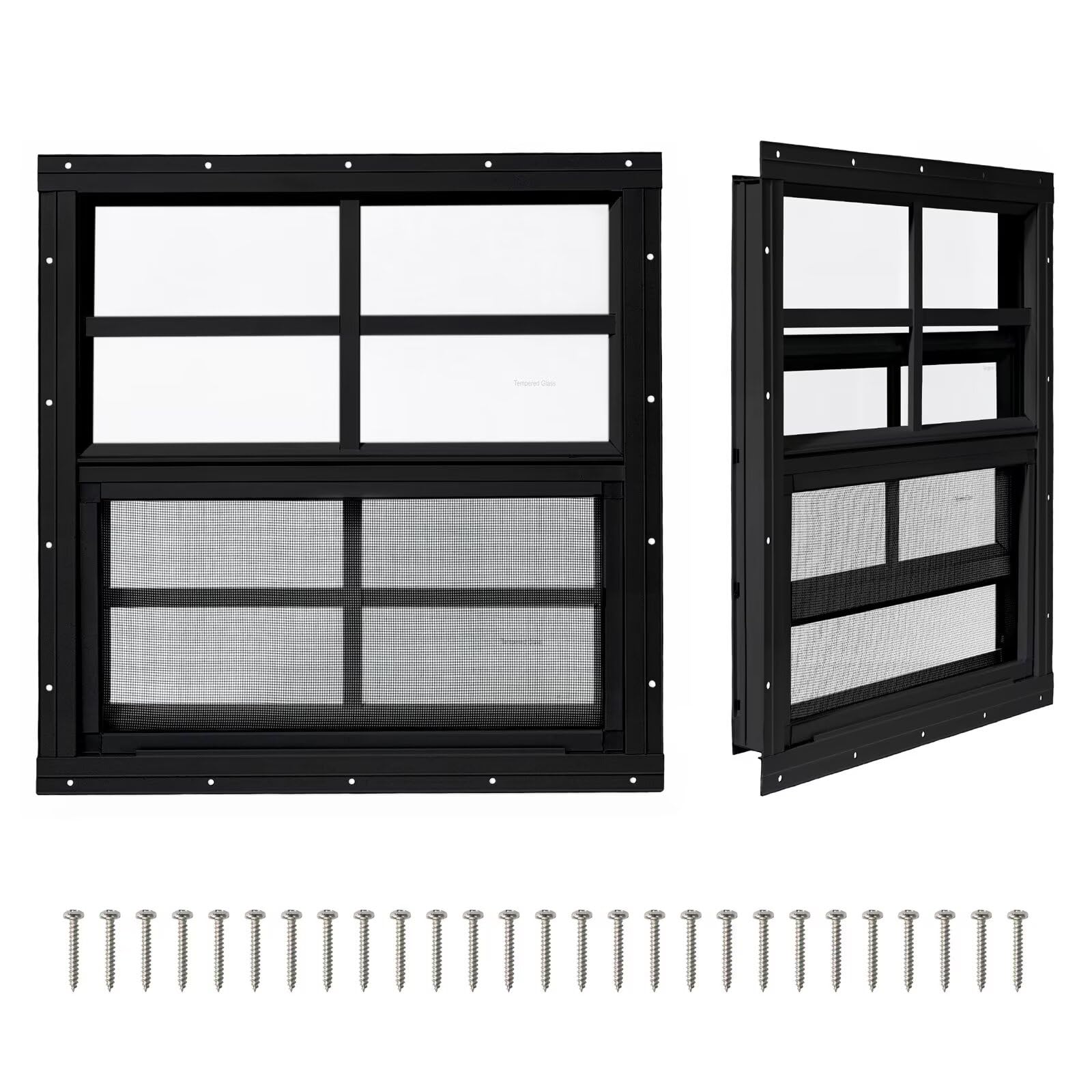 2 Pack Shed Windows,12" x 18" Small Sliding Windows,Flush Mount Windows with Tempered Glass and Fiberglass Screen for Shed, Chicken Coop, Playhouse, Household, Garage, Barns (Black)