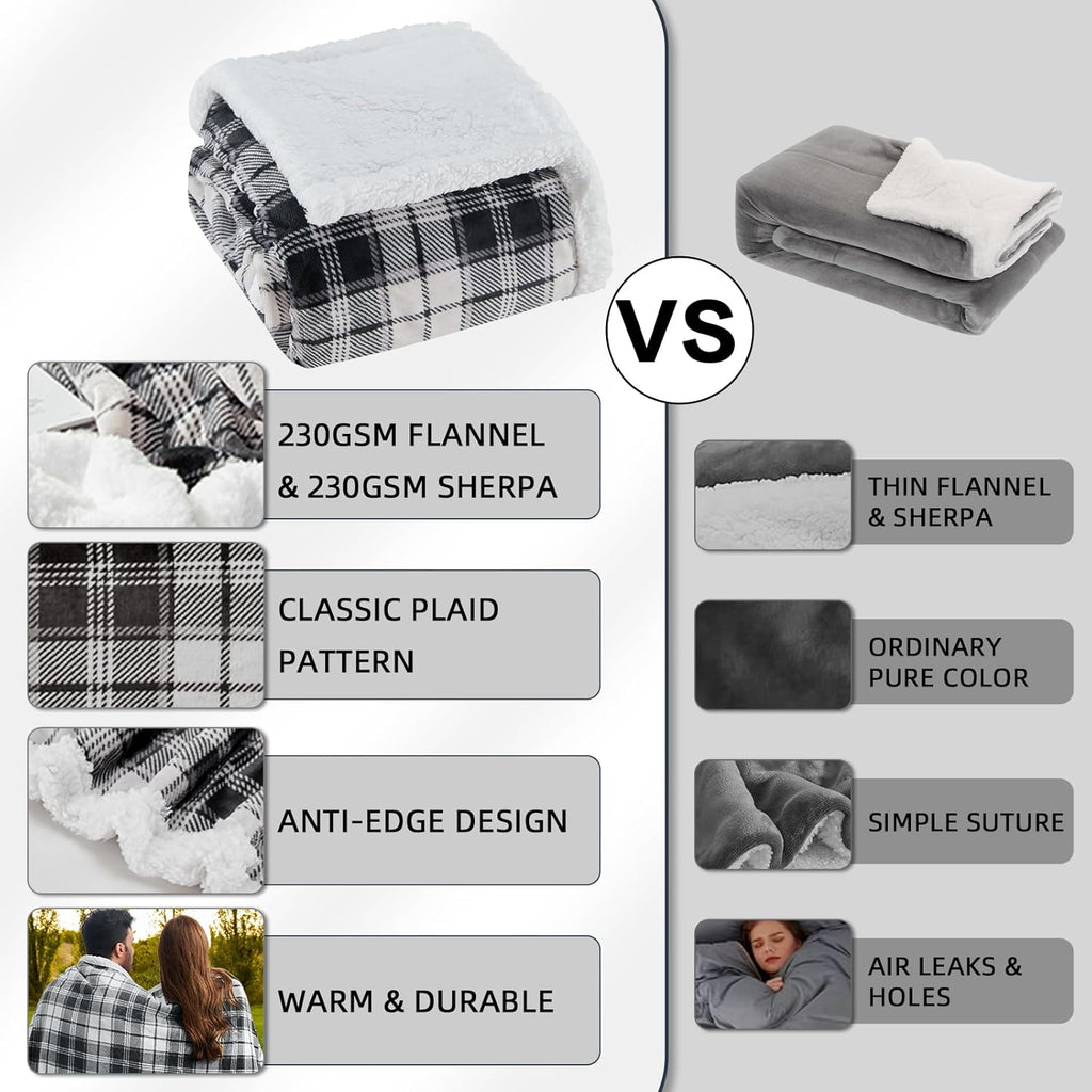 inhand Sherpa Throw Blanket Plush Grey Checkered Cozy Throw for Couch, Bed, Sofa, Reversible Twin Fluffy Fleece Blanket for Comfort Sleep and Warmth Suitable for Adults, Women, Men (Grey, 60”x 80”)