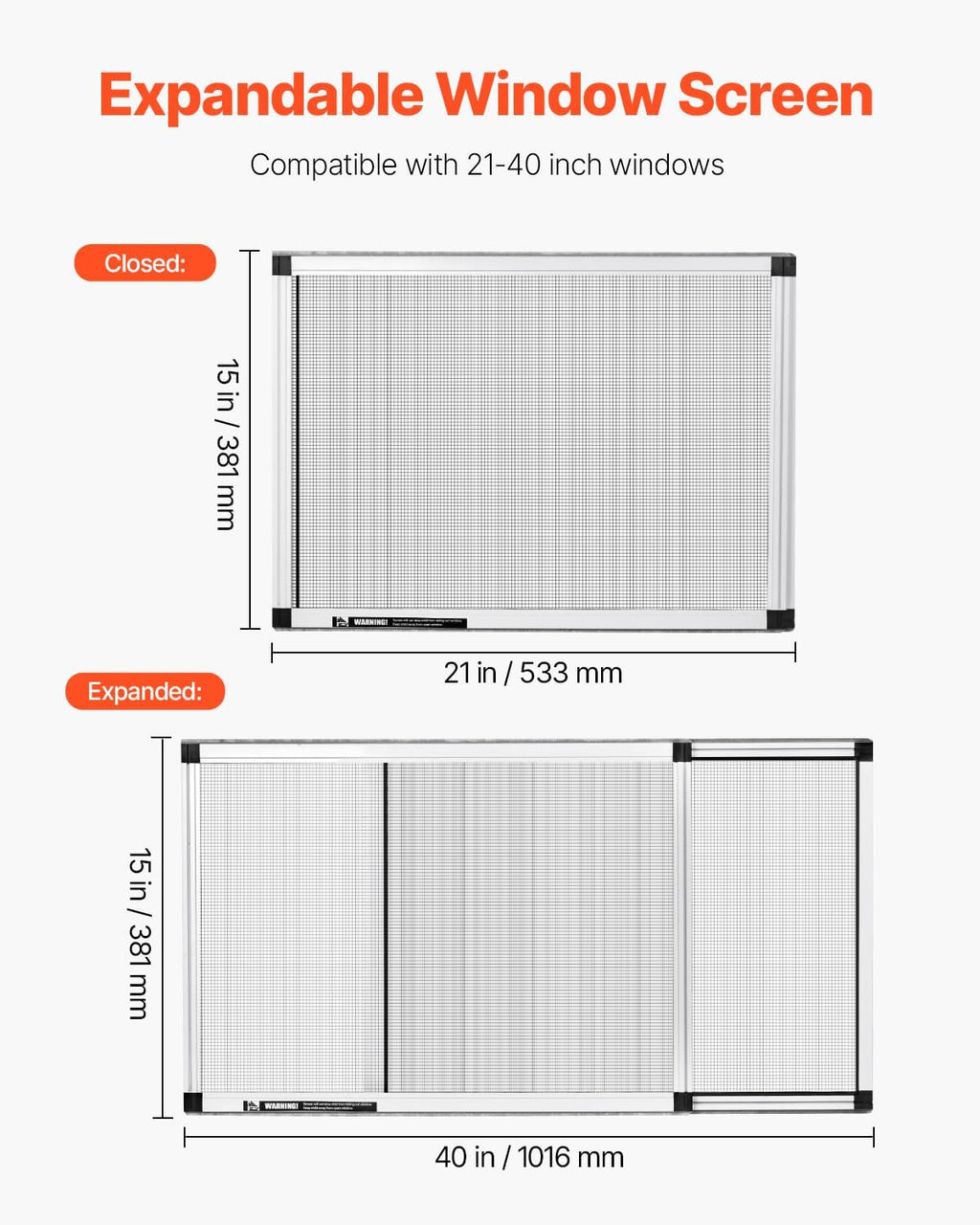 VEVOR Adjustable Window Screen, 15" H x 21" - 40" W, 2 Packs Expandable Windows Screens with Aluminum Frame and Durable Mesh, Horizontal or Convert to Vertical Adjustable Installation, for Home House