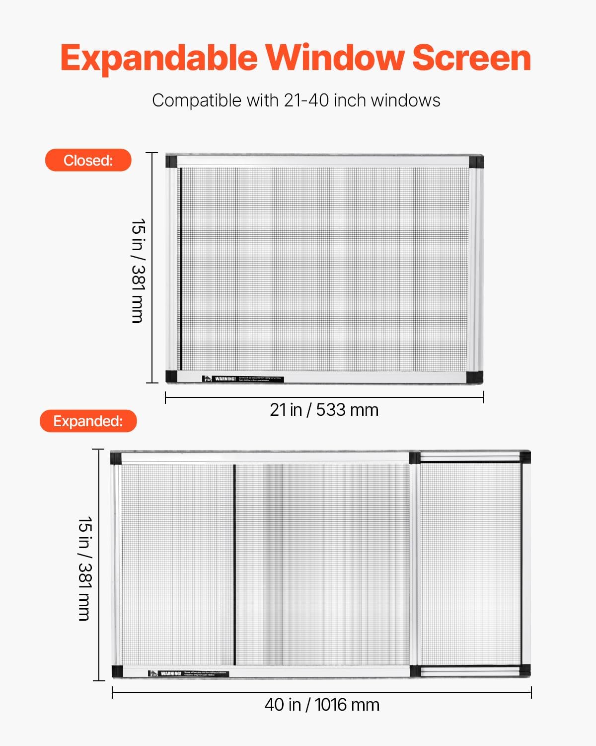 VEVOR Adjustable Window Screen, 15" H x 21" - 40" W, 2 Packs Expandable Windows Screens with Aluminum Frame and Durable Mesh, Horizontal or Convert to Vertical Adjustable Installation, for Home House
