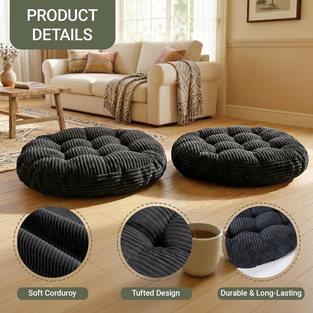 Large Floor Pillow for Adults, 22x22" Memory Foam Floor Cushion with Corduroy Cover, Round Floor Sitting Cushions for Meditation, Lounge,Seating for Yoga, Tatami Living Room (2, Round-Black)