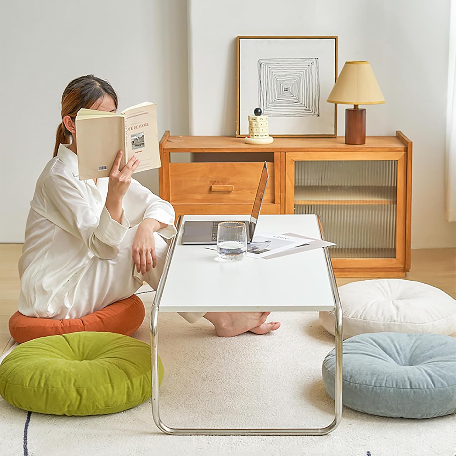 Round Floor Pillow for Adults, Meditation Floor Cushions Chenille Fabric Seat Pads Pillows Cushion for Living Room Balcony Tatami Yoga (Off-White, Diameter:18in)