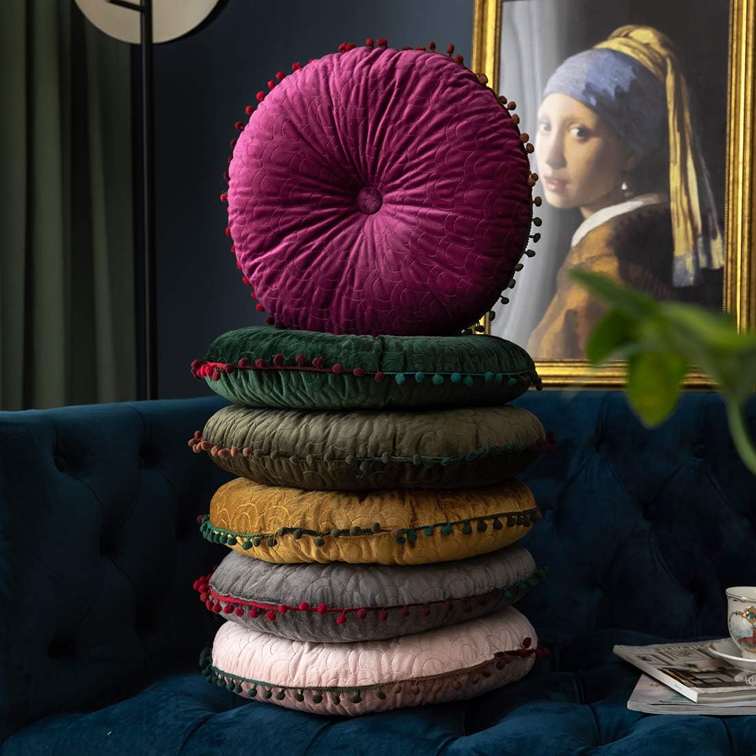 vctops Velvet Soft Round Chair Pads Cute Gradient Pom Pom Indoor Dining Chairs Cushion (Dark Green, Diameter 16")