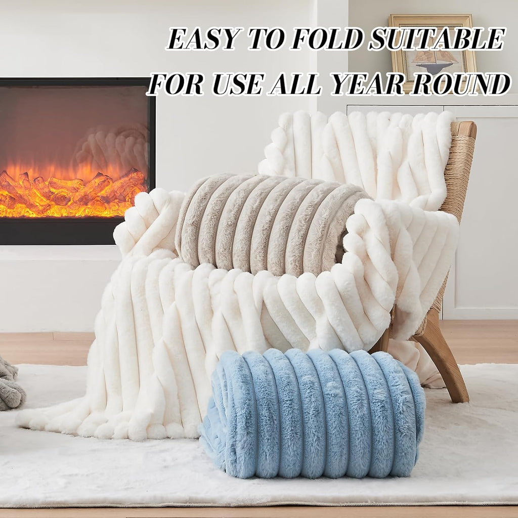 Lotus Karen Faux Fur Twin Blanket for Couch, Cozy Soft Fluffy Fuzzy Cream White Blanket, Striped Warm Thick Furry Plush Shaggy Small Blankets for Women,60x80 Inches