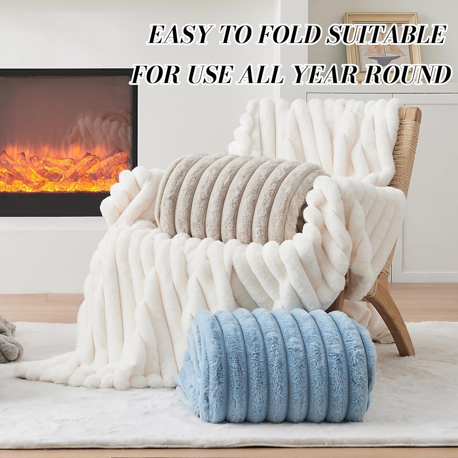 Lotus Karen Faux Fur Twin Blanket for Couch, Cozy Soft Fluffy Fuzzy Cream White Blanket, Striped Warm Thick Furry Plush Shaggy Small Blankets for Women,60x80 Inches