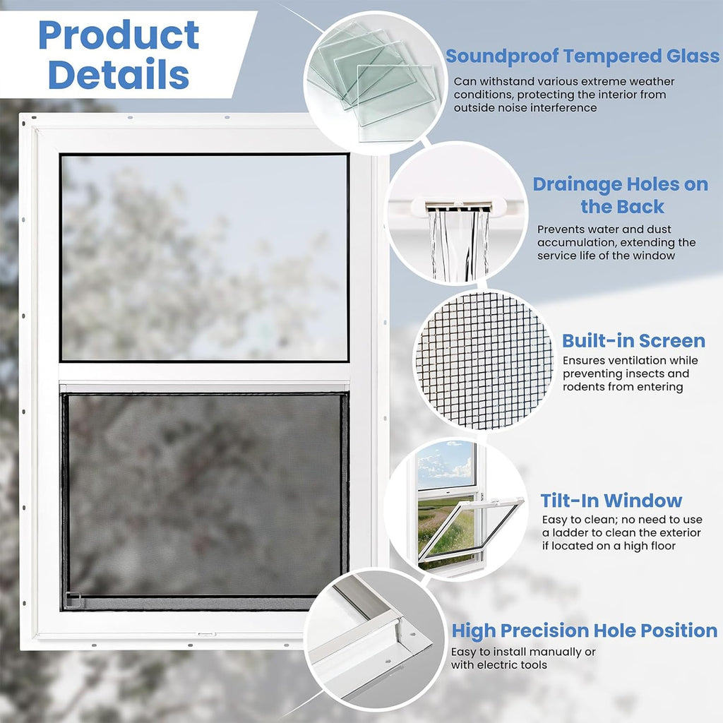 Vinyl Single Hung Sliding Window, 24" x 38" Household Window with Double-Pane Insulated Tempered Glass, White Energy-Efficient Soundproof Window for House, Mobile Home
