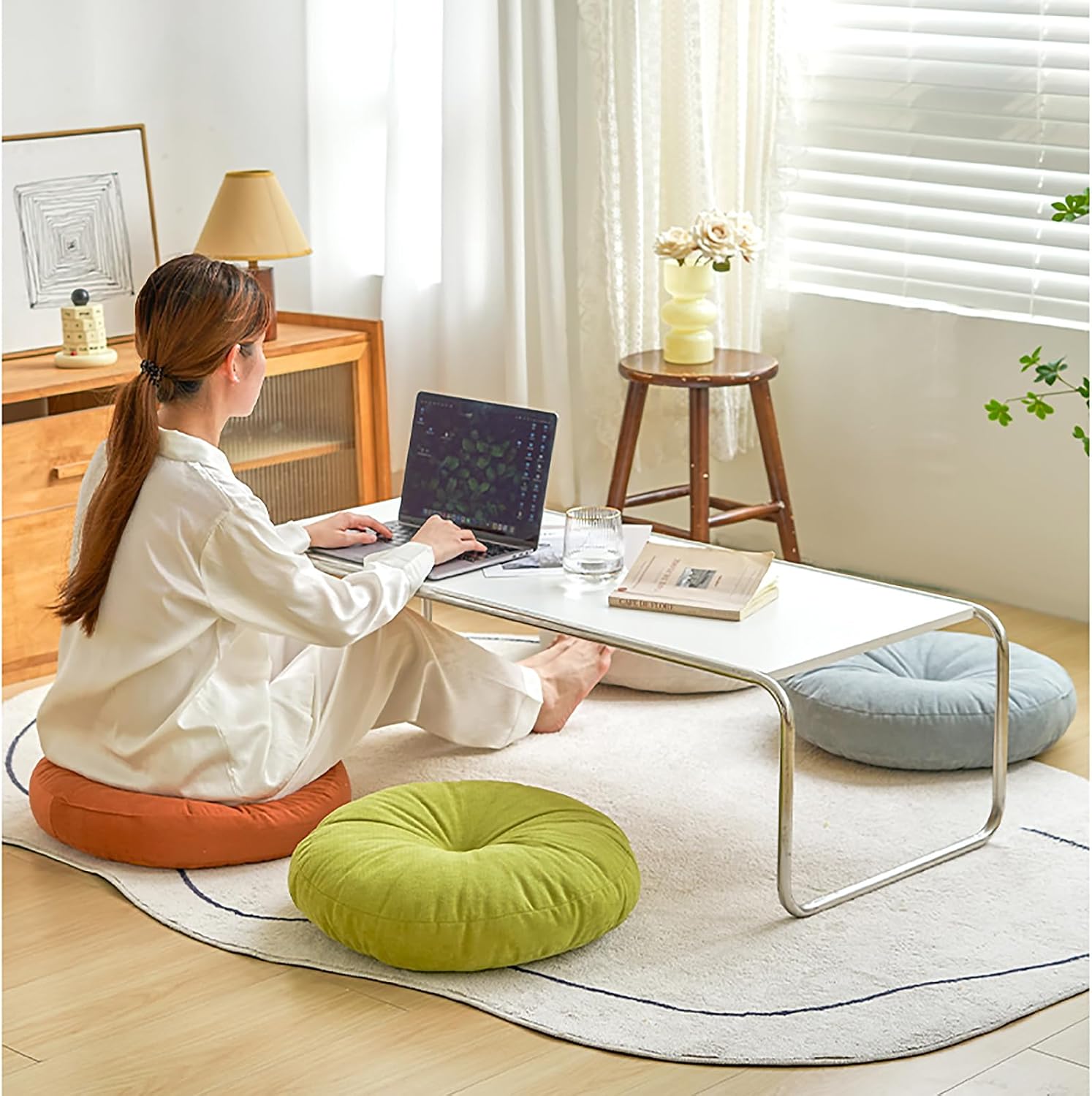 Round Floor Pillow for Adults, Meditation Floor Cushions Chenille Fabric Seat Pads Pillows Cushion for Living Room Balcony Tatami Yoga (Off-White, Diameter:18in)