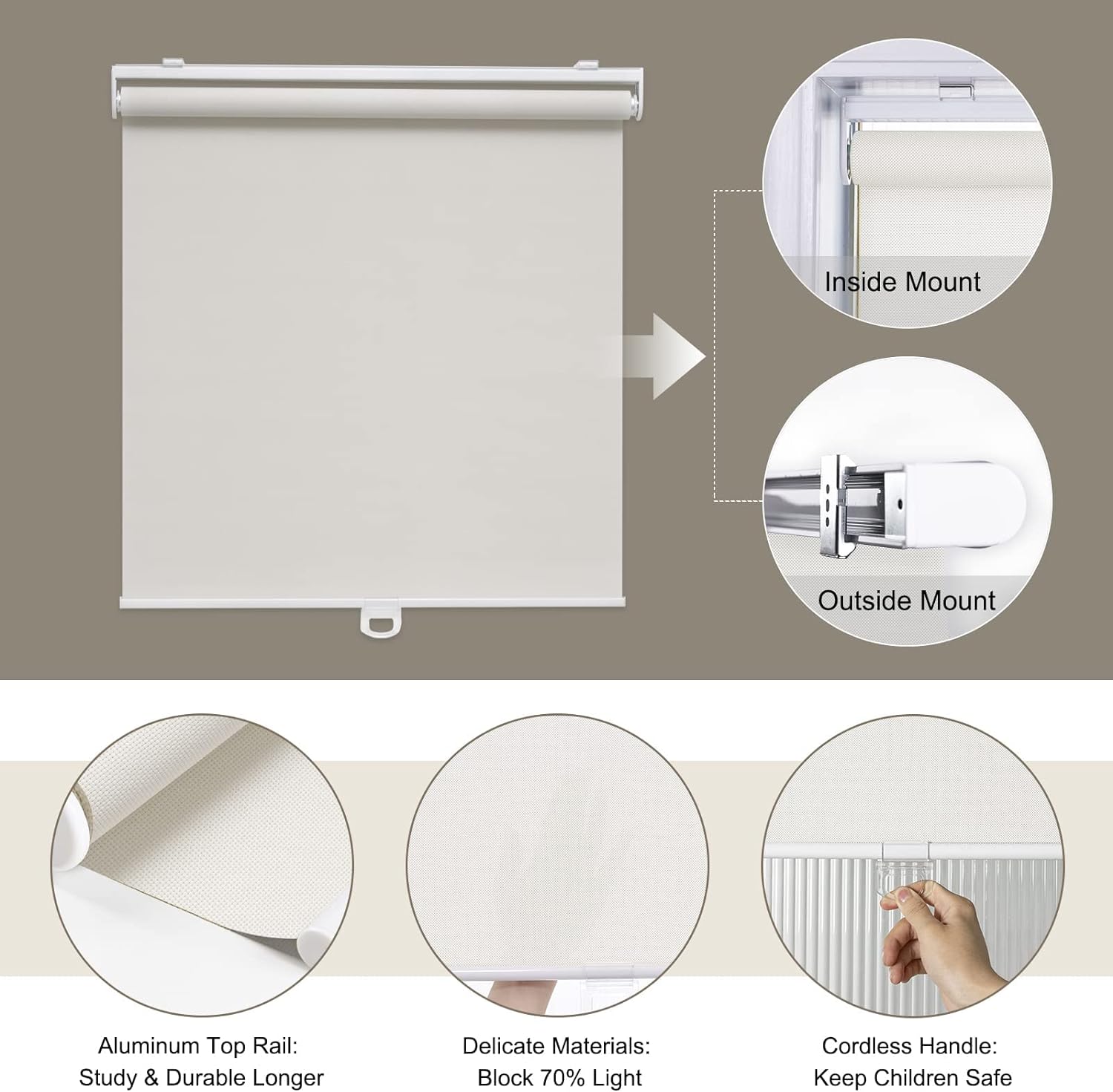 White Solar Roller Blinds 46"×72", Cordless Light Filtering Shades for Home & Office