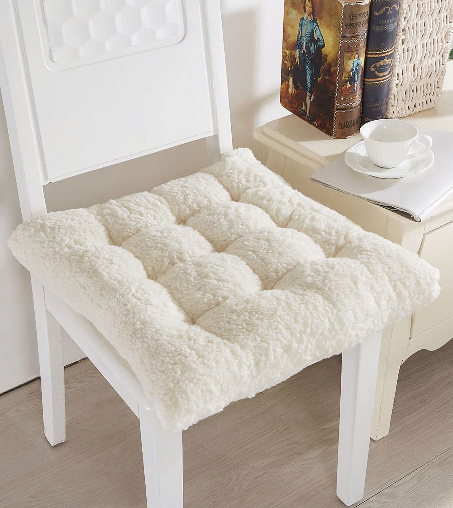 Comfortable Square and Round Artificial Lambswool Chair Pads,Soft Fluffy Chair Seat Cushion Plush Cushions Seat Pad for Home Office Meditation (14 inch(35cm), Round-Off-White)