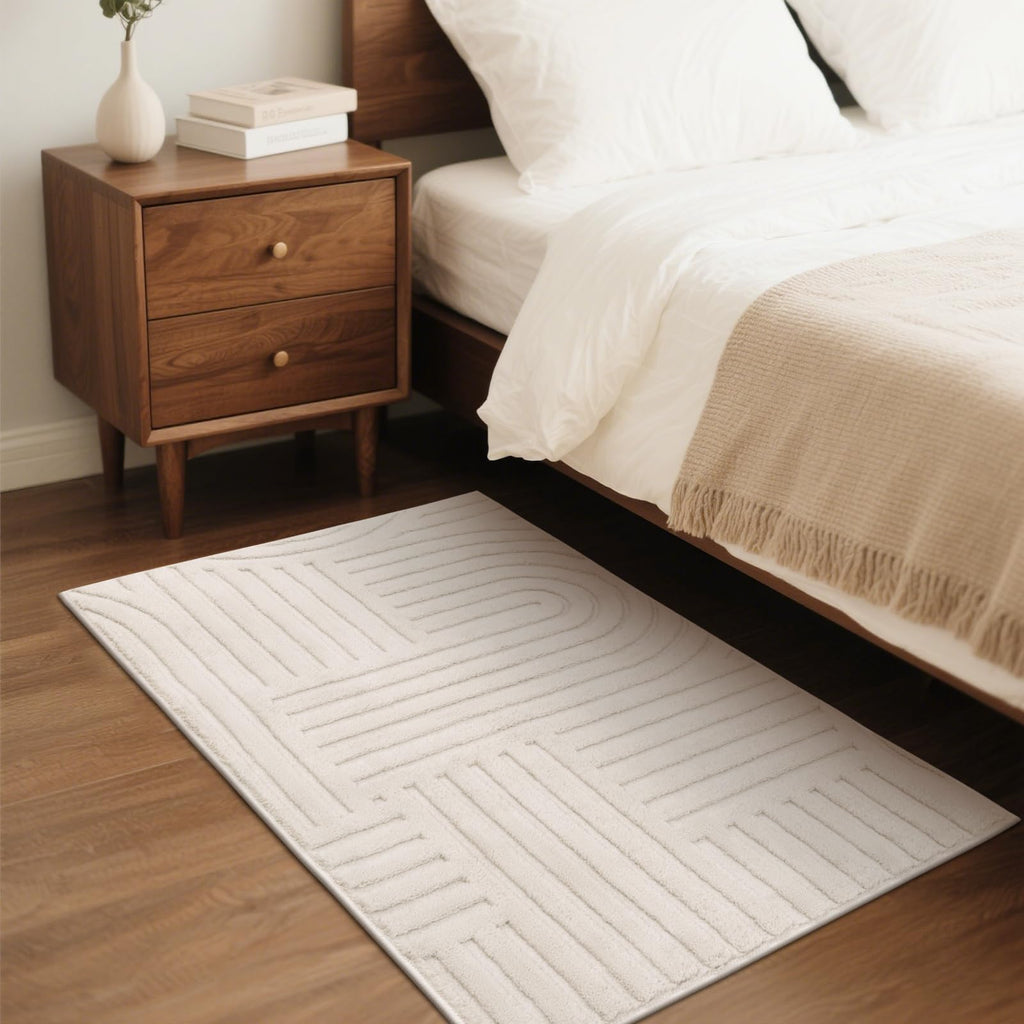 SHACOS Soft Cozy Fluffy Arch Pattern High-Low Pile Textured Area Rug 5'3"x7'3" Non Slip Washable Modern Geometric Rug Stain Resistant Contemporary Carpet for Living Room Bedroom Dining Room, Beige