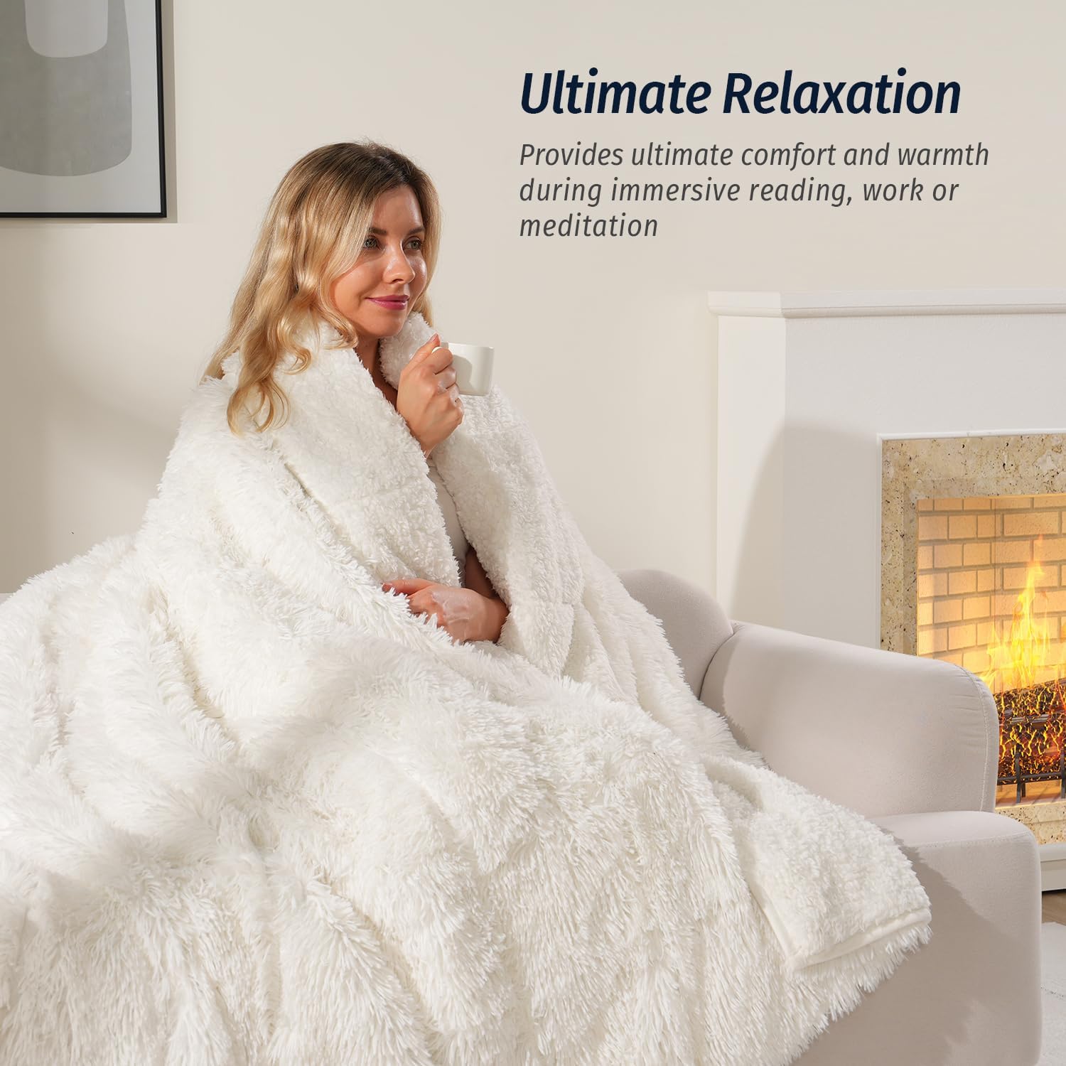 Wemore Shaggy Long Fur Faux Fur Weighted Blanket, Cozy and Fluffy Plush Sherpa Long Hair Blanket for Adult 15lbs, Fluffy Fuzzy Sherpa Reverse Heavy Blankets for Bed, Couch, Cream White, 60 x 80 Inches