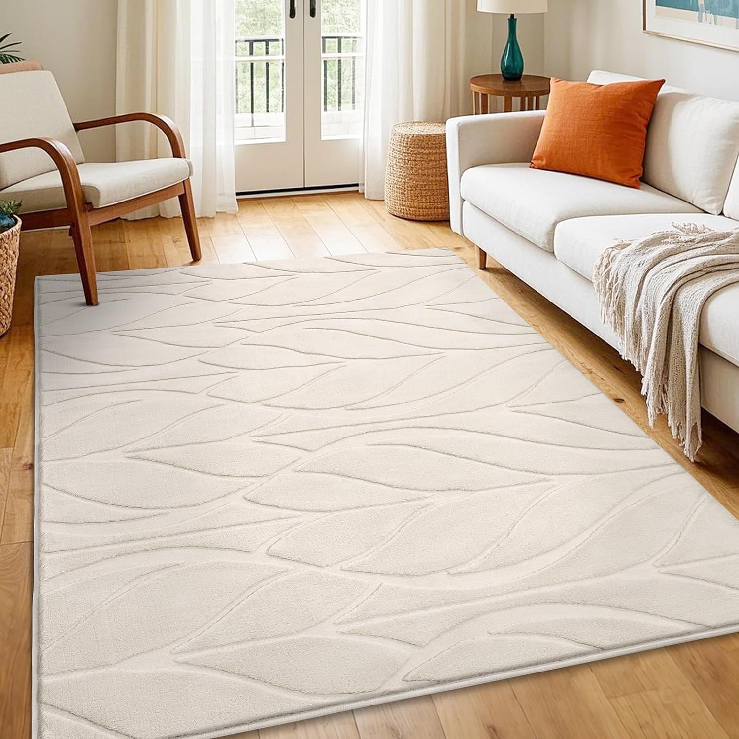 SHACOS Soft Area Rug for Living Room 8x10, Washable Non Slip Bedroom Rug Beige, Fluffy Large Rugs Carpet for Floor Living Room Kids Nursery Room, Home Decor Aesthetic - Leaf Pattern Design