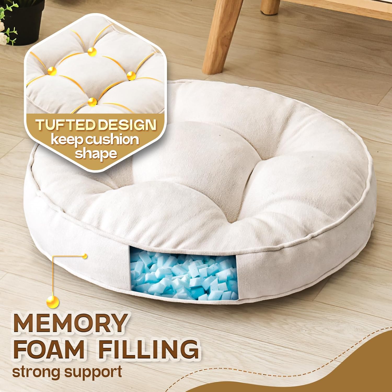 Beige Round Floor Cushions 22", Set of 2 Memory Foam Meditation Pillows