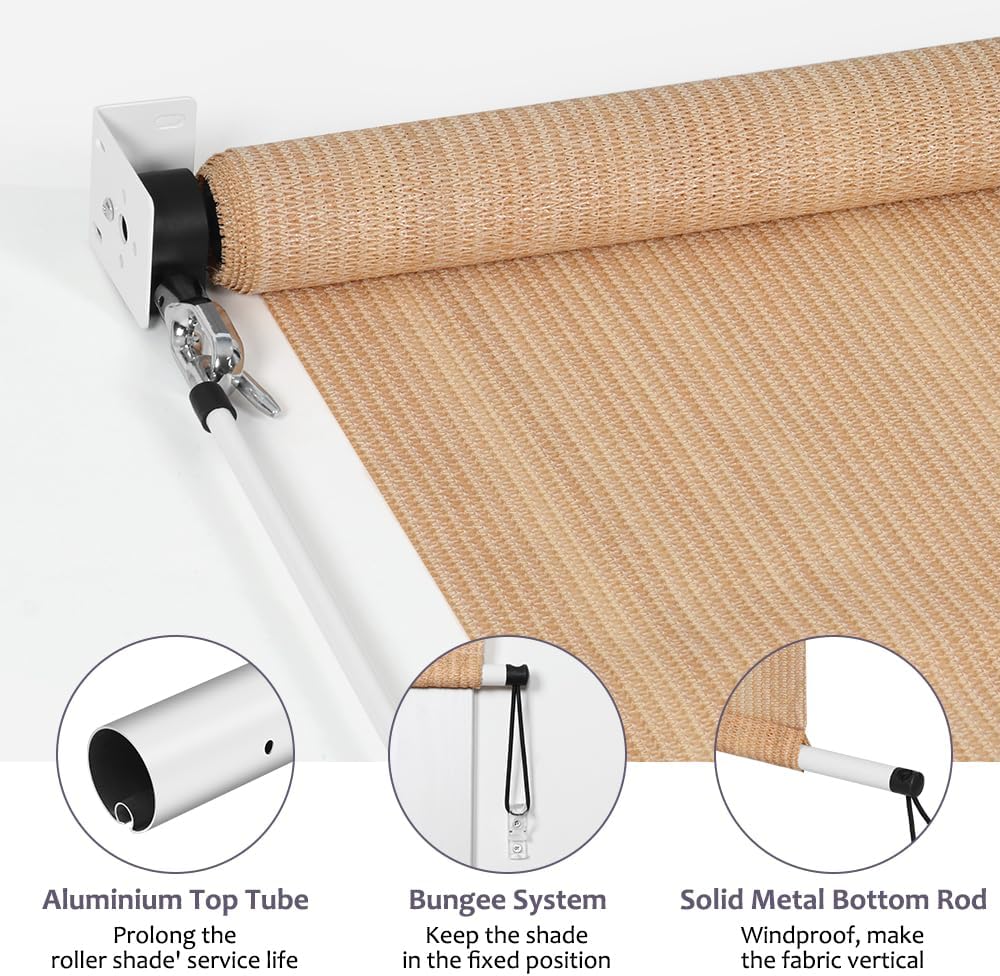 KELIXU Patio Shades Roll Up Outdoor Blind, 8' W x 6' H Cordless Sun Shade Privacy Screen with 90% UV Protection Exterior Roller Shade Cloth for Porch Pergola Backyard Windows Balcony, Walnut