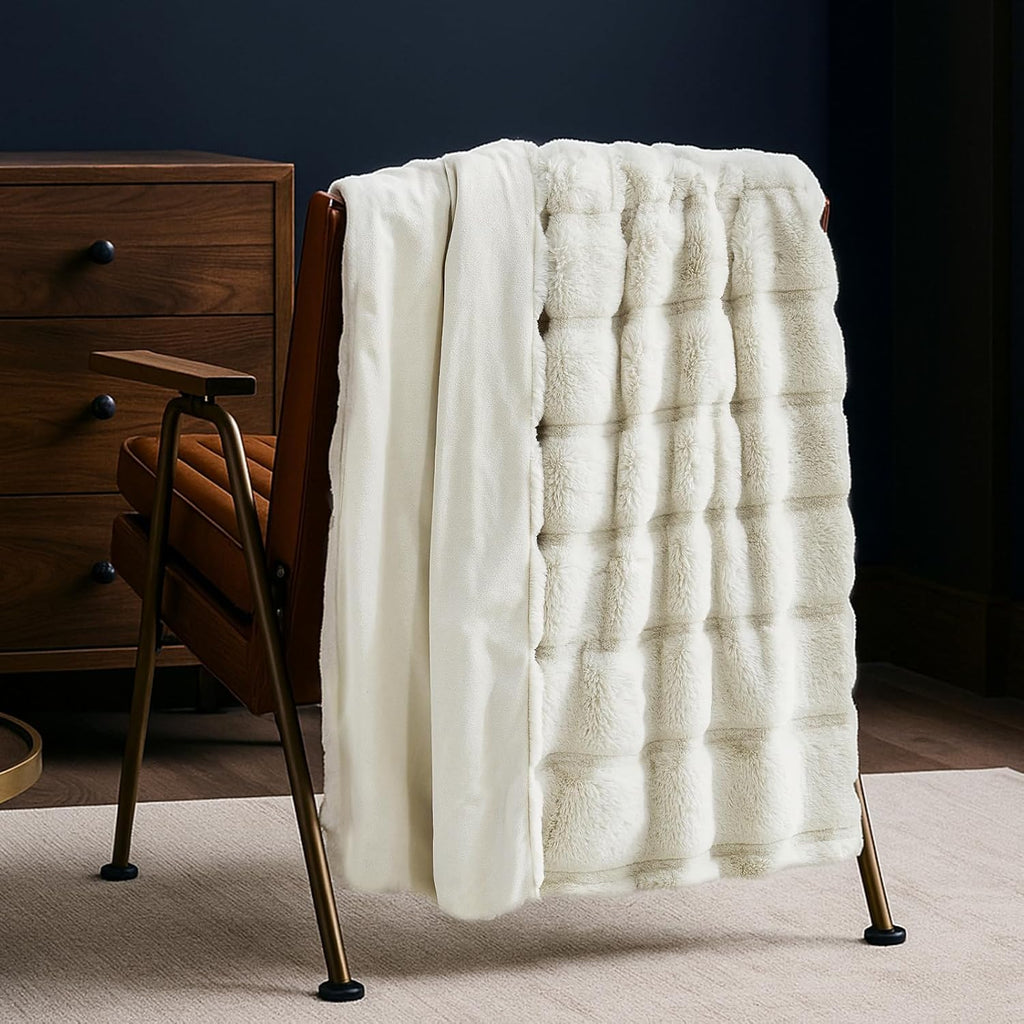 Cozy Bliss Deluxe Sheared Rabbit Faux Fur Throw Blanket, Soft Fuzzy High-Low Sculpted Plush Blanket for Couch, Cozy Home Accent, All Season Use, Beige 50"x60"