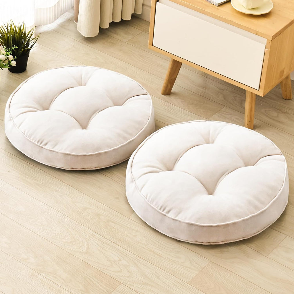 Beige Round Floor Cushions 22", Set of 2 Memory Foam Meditation Pillows