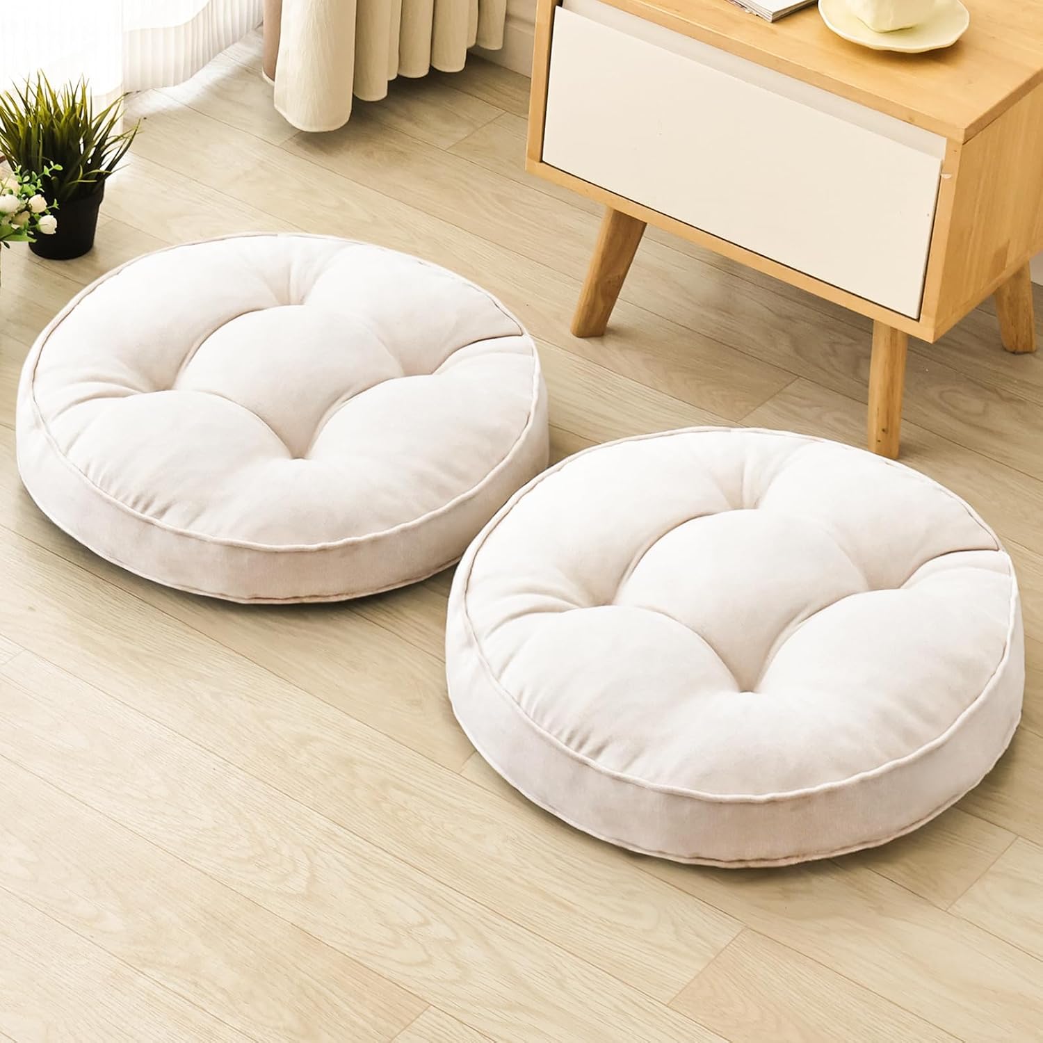 Beige Round Floor Cushions 22", Set of 2 Memory Foam Meditation Pillows