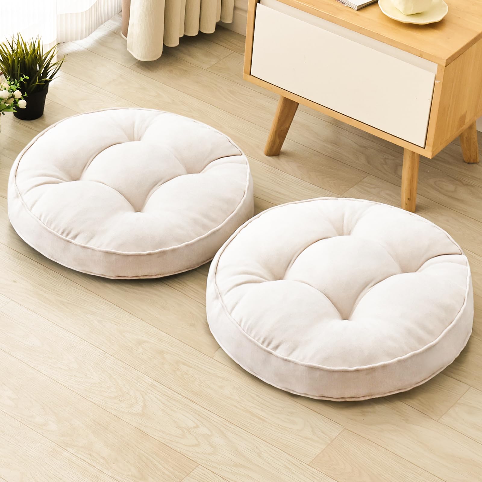 Beige Round Floor Cushions 22", Set of 2 Memory Foam Meditation Pillows