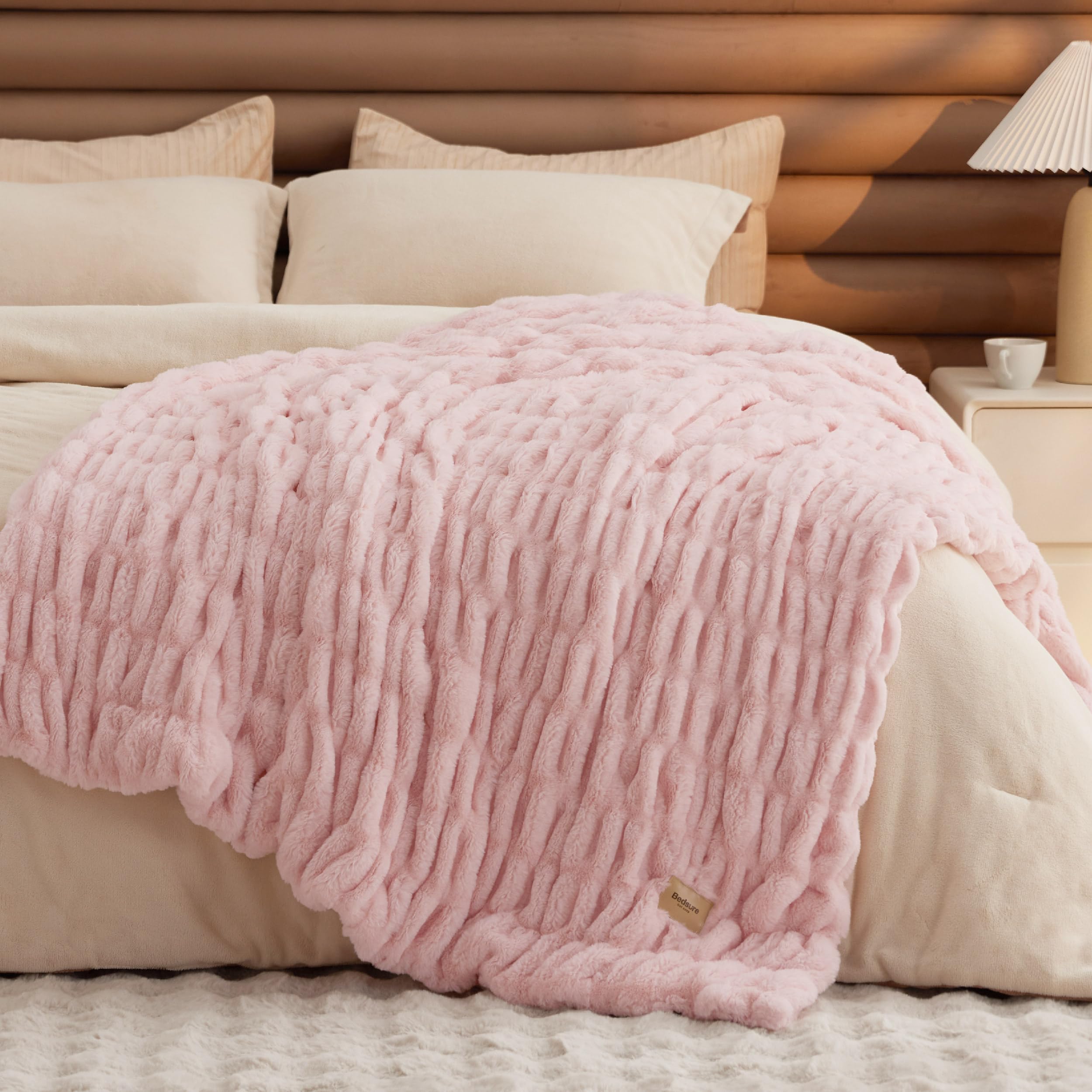 Bedsure Gentlesoft Fluffy Cozy Faux Fur Throw Blanket for Couch, Soft Fuzzy Plush Furry Blanket, Double-Sided Faux Rabbit Fur Thick Warm Chair Throws, Luxury Gifts for Women, 50" X 60", Light Brown
