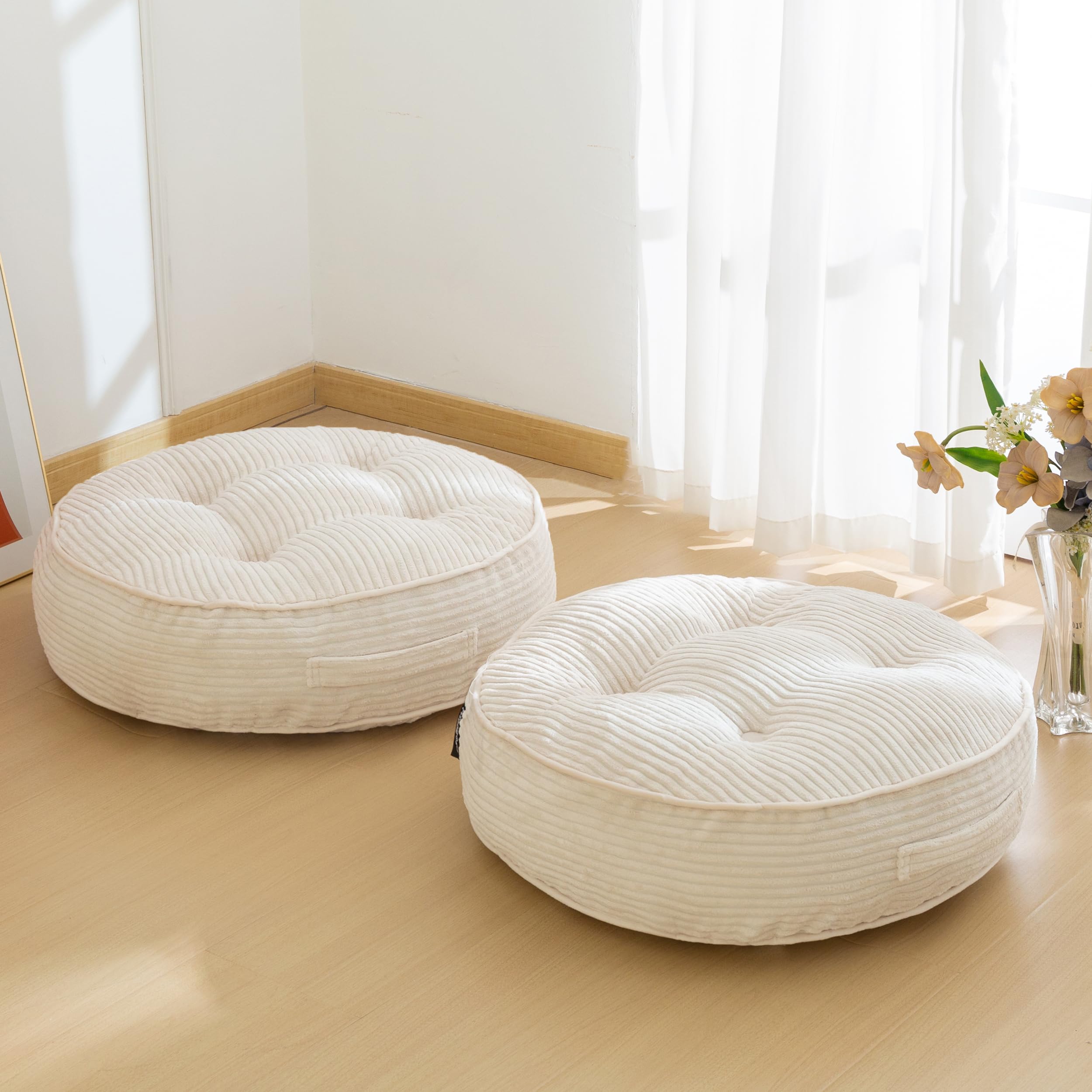 HIGOGOGO Floor Pillow Cushion for Adults, Meditation Cushion Pillow, Large Round Floor Sitting, Tufted Corduroy Cover, for Tatami Living Room or Yoga, 22x22 Inch, Beige