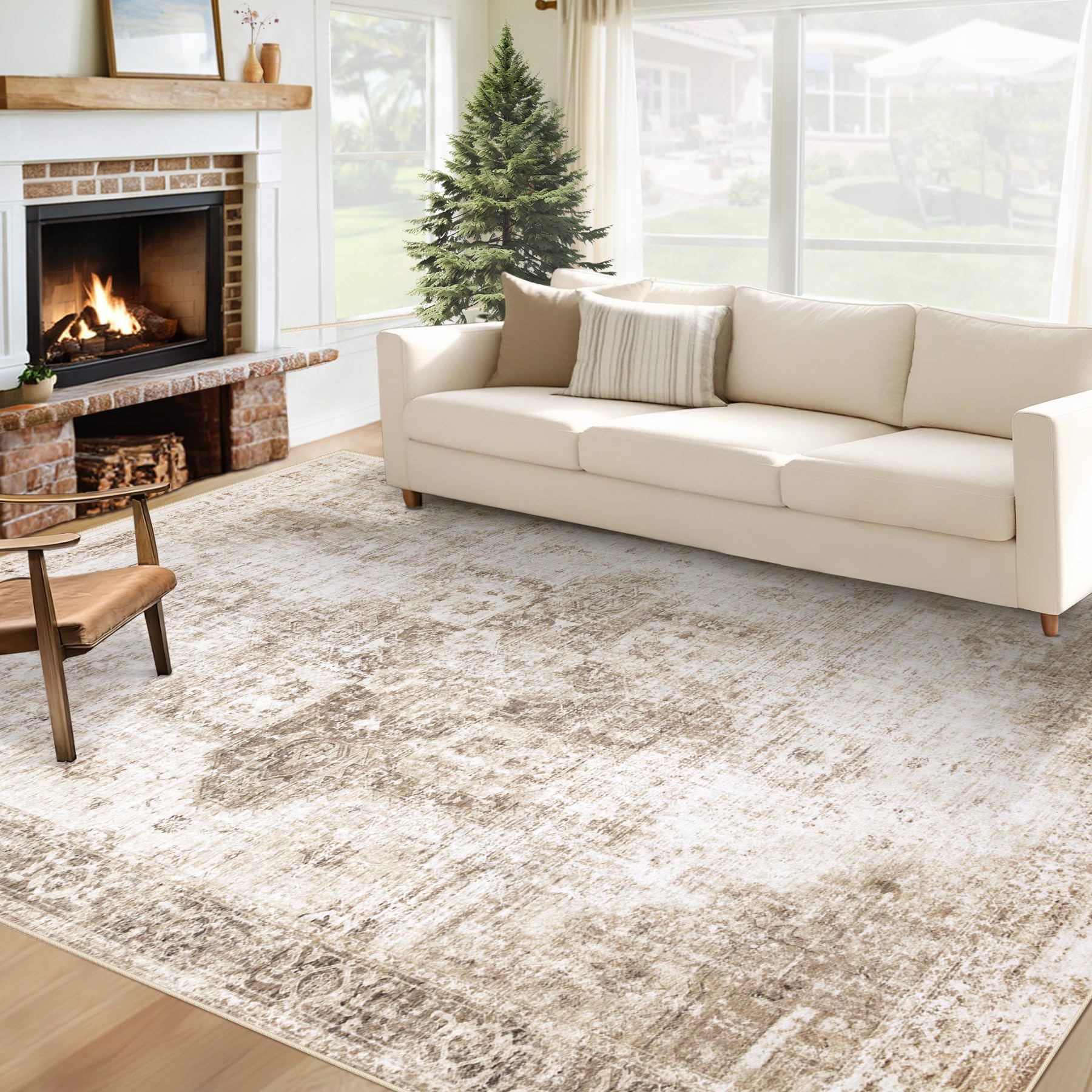 Beige 8x10ft Washable Boho Rug, Non-Slip Low Pile Carpet for Home & Office