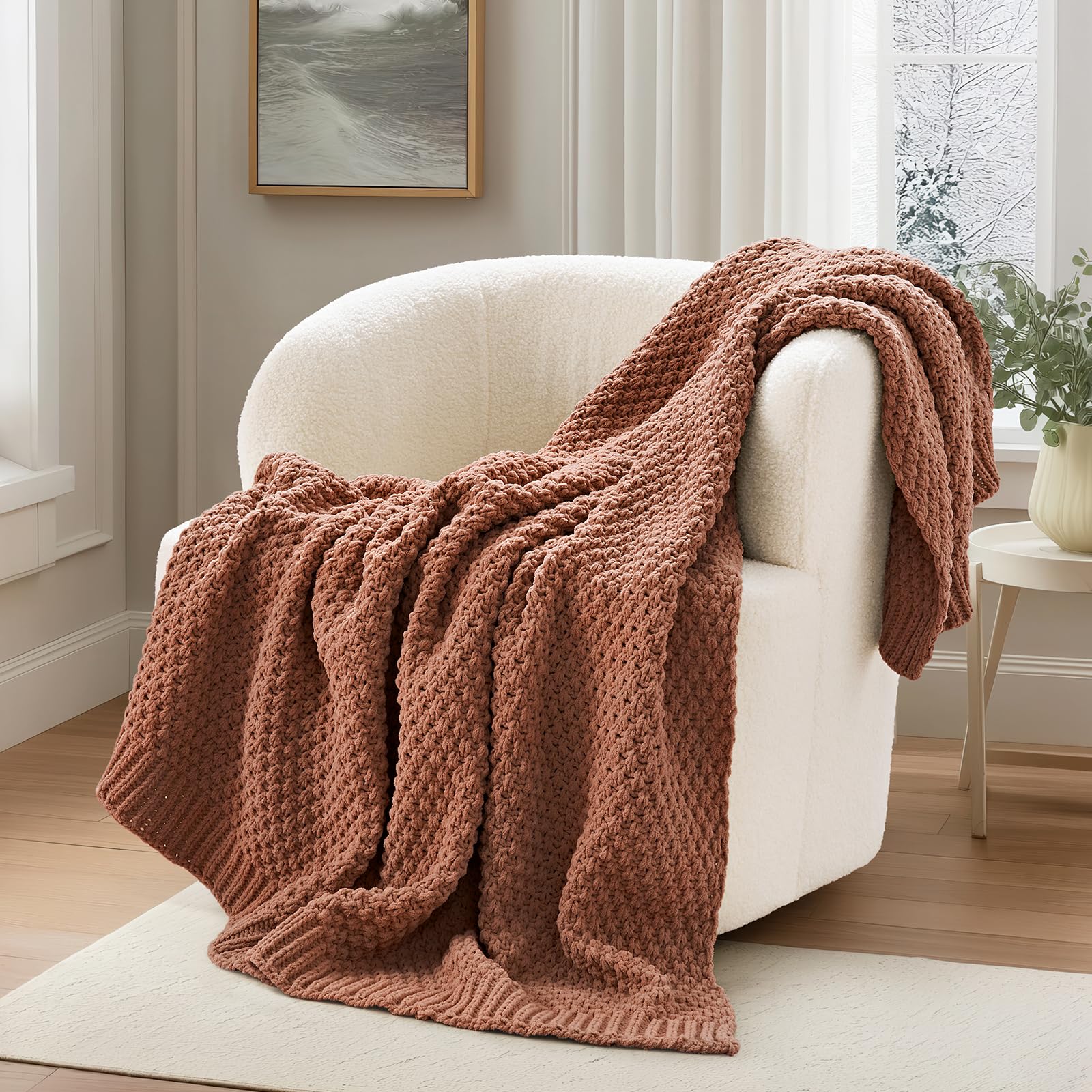 EVERGRACEHOME Modern Checkered Chenille Throw Blanket, Soft Cozy Plaid Knitted Chair Blanket for Sofa Couch, Decorative Knit Throw for Bed and Living Room, Sand Dune, 50" x 60"
