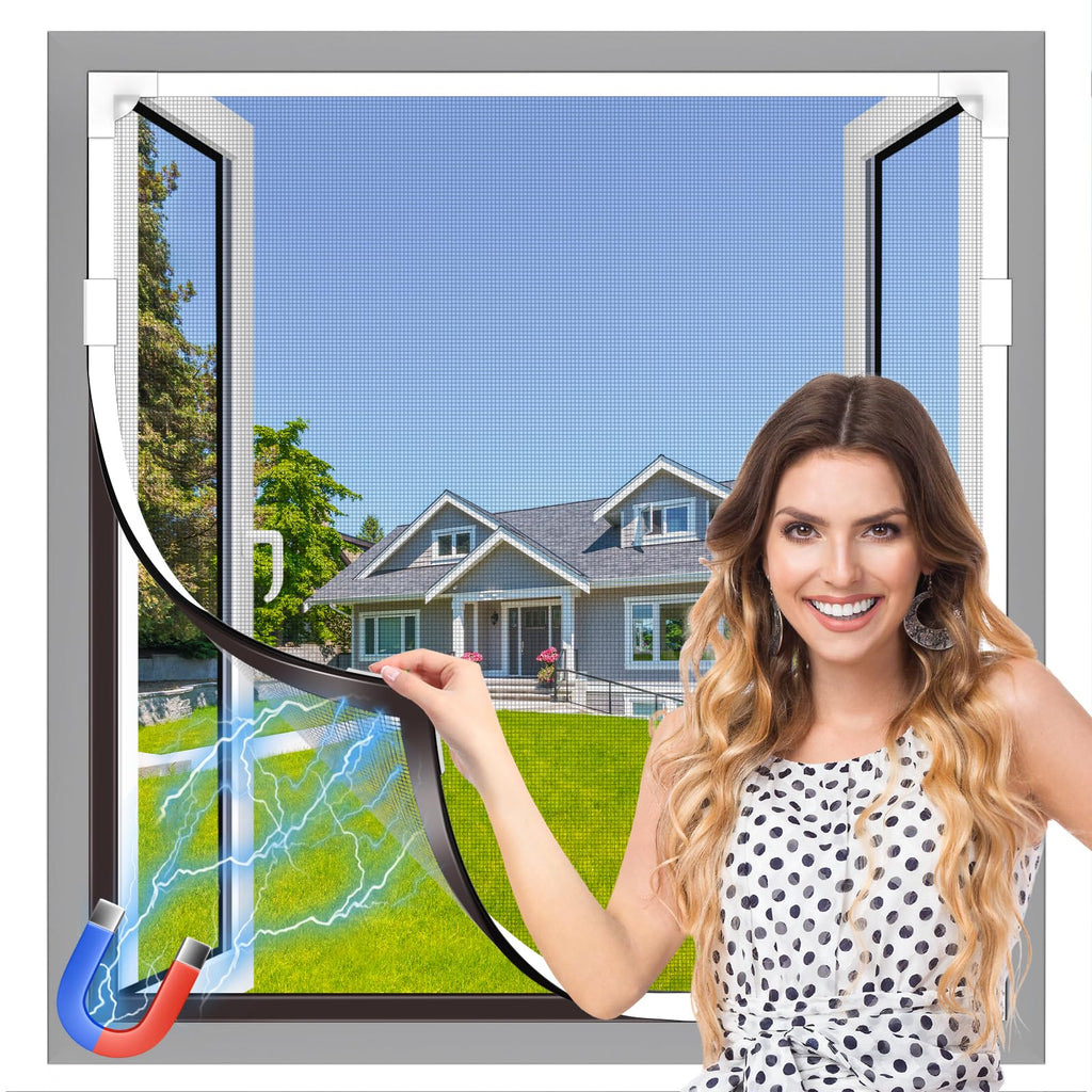 Magnetic Window Screen 40x59in, Residue-Free Adhesive with Long-Lasting Hold, Black Frame Black Fiberglass Mesh, Removable DIY Adjustable Screen for Window Frames