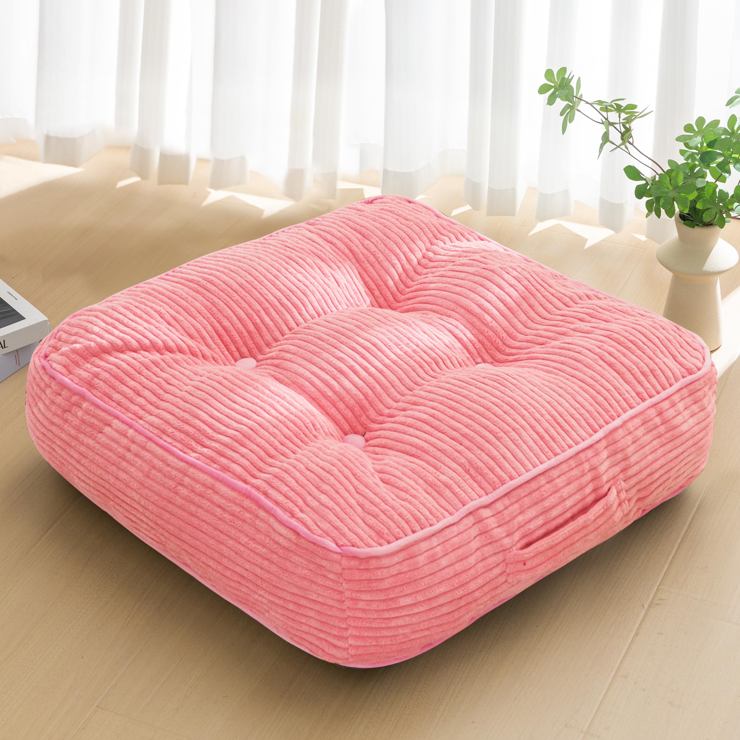 HIGOGOGO Floor Pillow Cushion for Adults, Meditation Cushion Pillow, Large Round Floor Sitting, Tufted Corduroy Cover, for Tatami Living Room or Yoga, 22x22 Inch, Beige