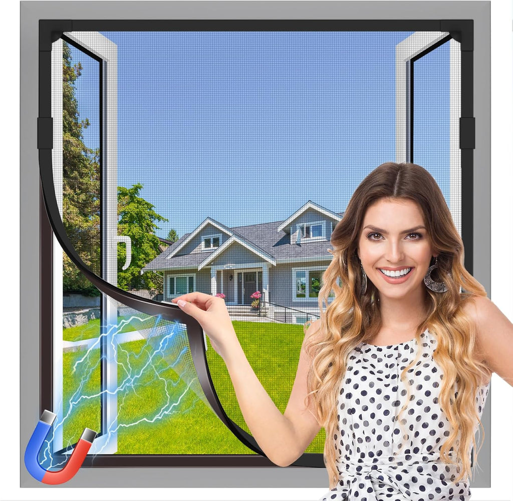Magnetic Window Screen 40x59in, Residue-Free Adhesive with Long-Lasting Hold, Black Frame Black Fiberglass Mesh, Removable DIY Adjustable Screen for Window Frames