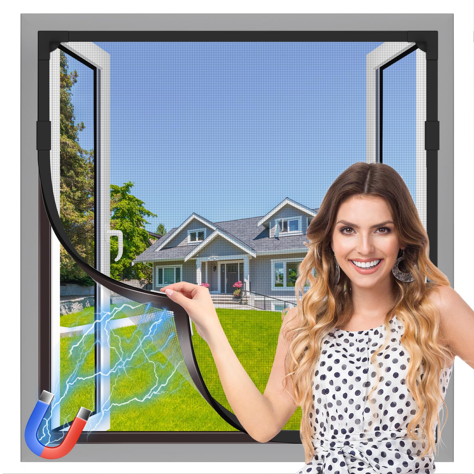 Magnetic Window Screen 40x59in, Residue-Free Adhesive with Long-Lasting Hold, Black Frame Black Fiberglass Mesh, Removable DIY Adjustable Screen for Window Frames