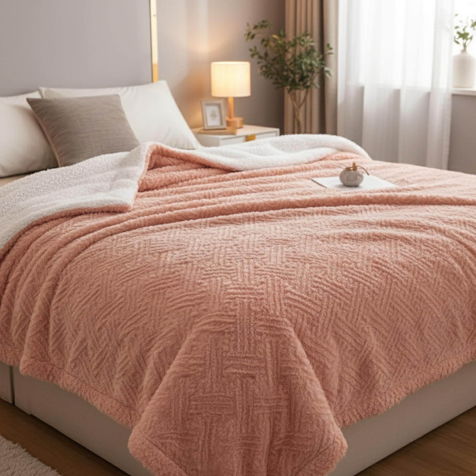 DaDa Bedding Luxury White Faux Fur Throw Blanket - Dreamy Milky Way Cloud Purple Undertone Embossed Sherpa Backside - Super Soft Warm Cozy Plush Fluffy - 50" x 60"