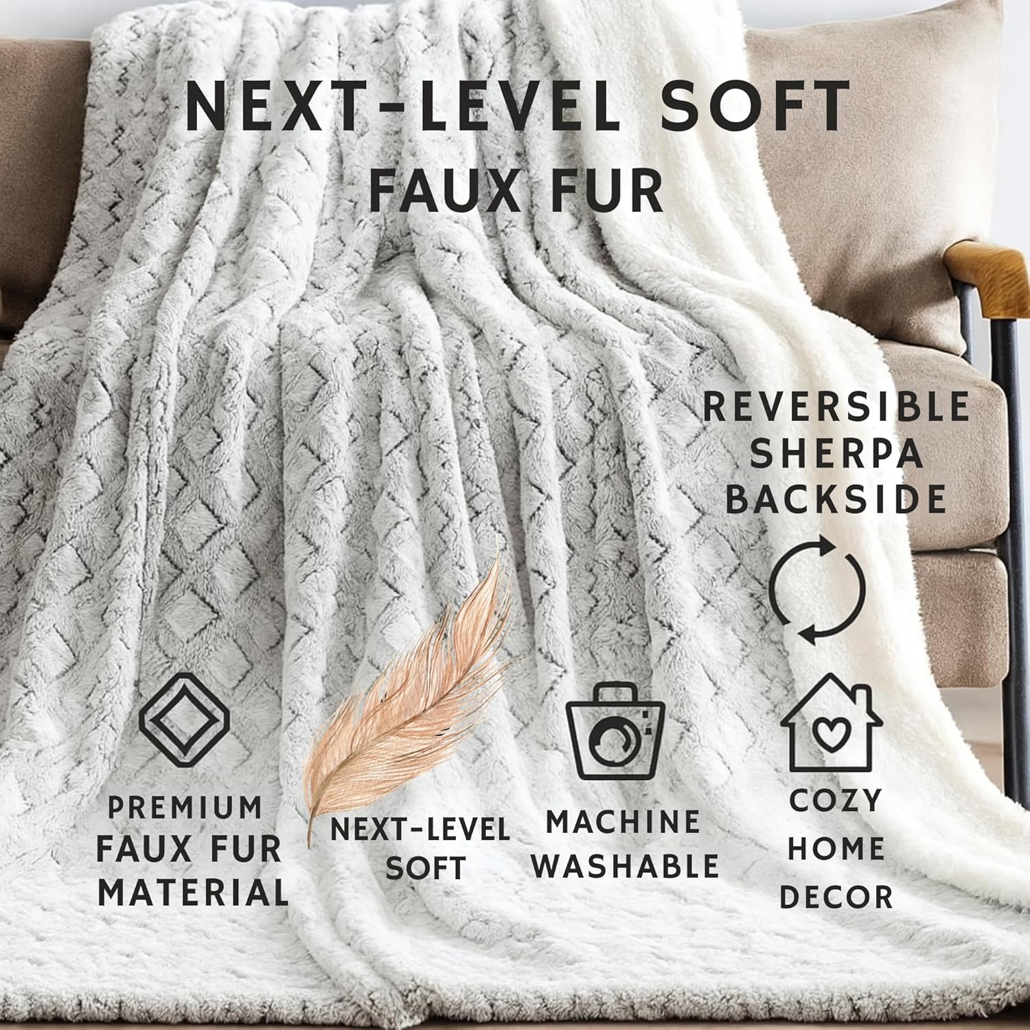 DaDa Bedding Luxury White Faux Fur Throw Blanket - Dreamy Milky Way Cloud Purple Undertone Embossed Sherpa Backside - Super Soft Warm Cozy Plush Fluffy - 50" x 60"