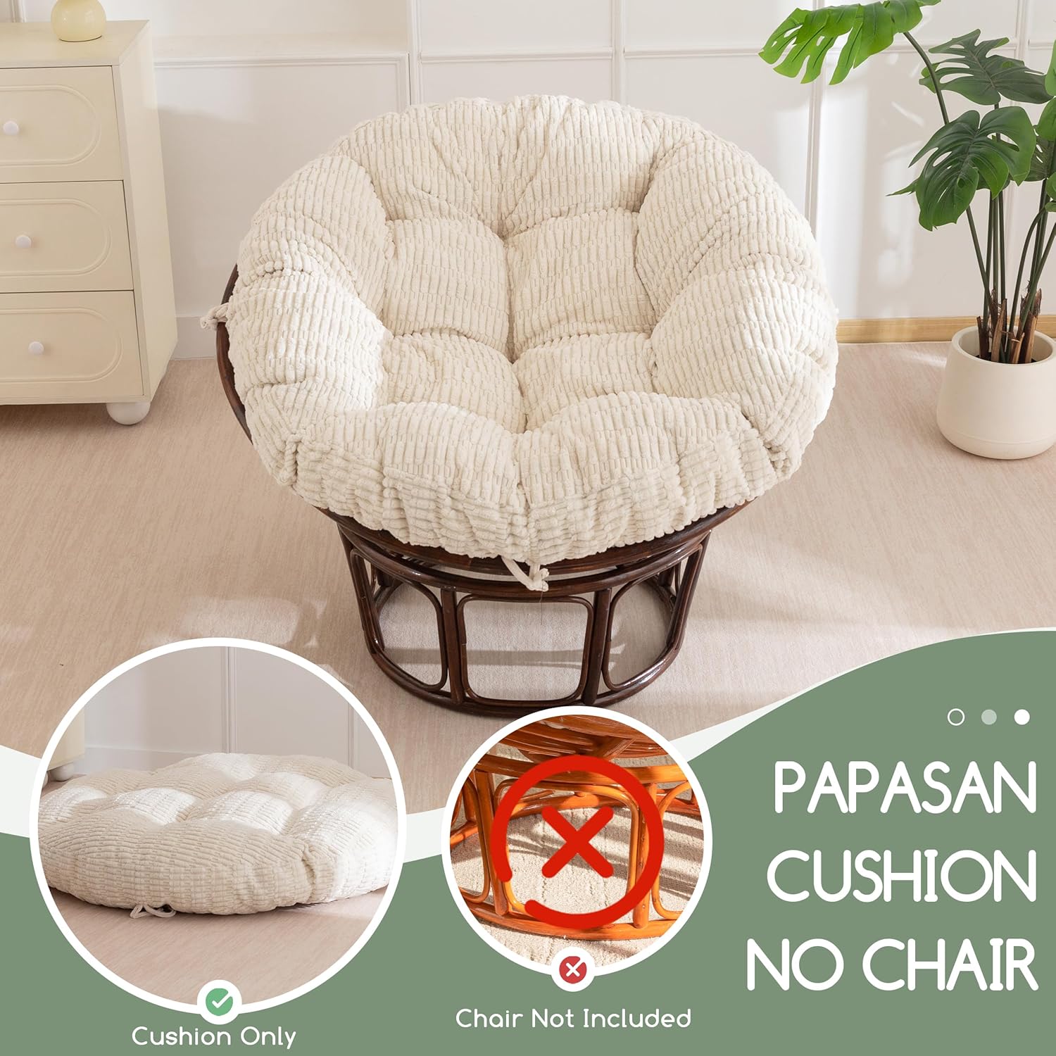 HIGOGOGO Papasan Chair Cushion with Thick Corduroy Cover (Without Chair), Supportive Cushion, Beige, 48 x 48 Inch