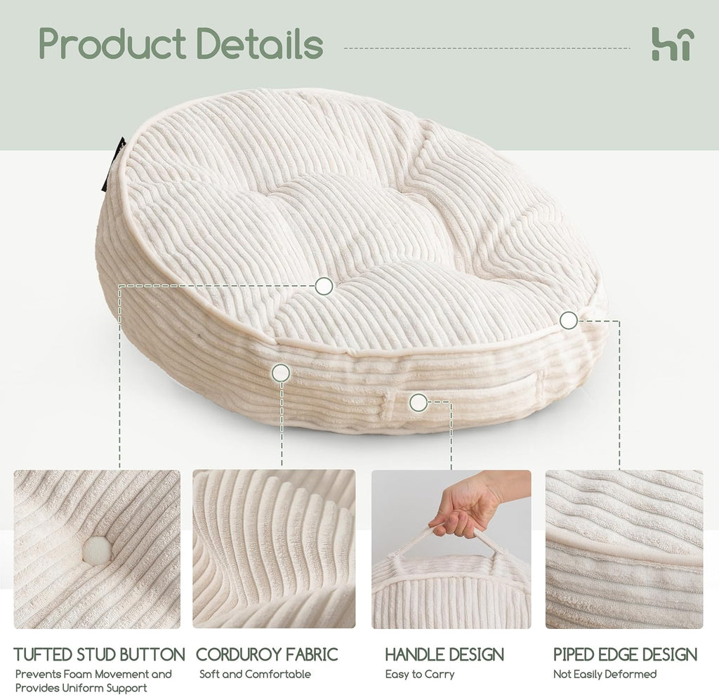HIGOGOGO Floor Pillow Cushion for Adults, Meditation Cushion Pillow, Large Round Floor Sitting, Tufted Corduroy Cover, for Tatami Living Room or Yoga, 22x22 Inch, Beige
