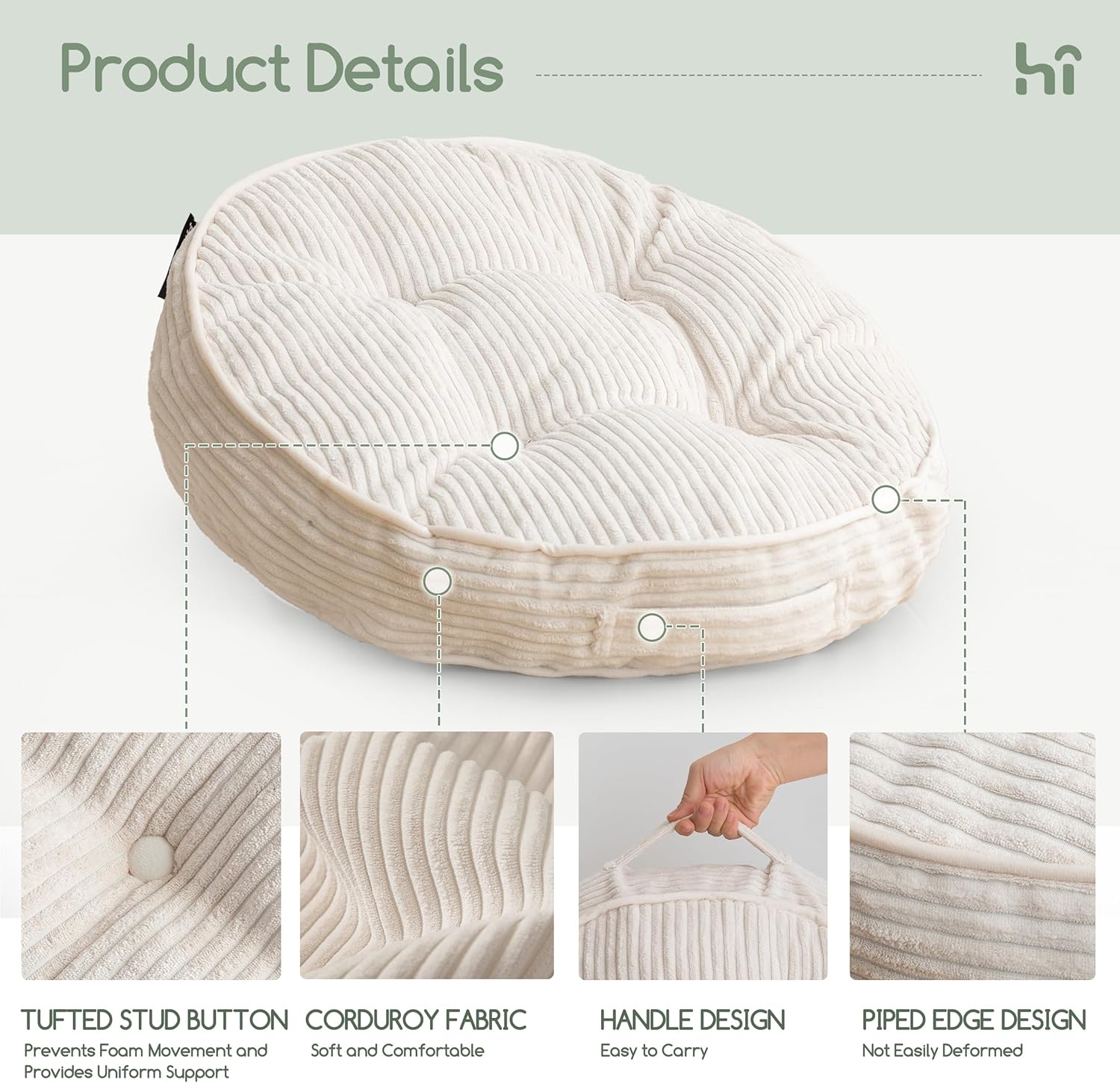 HIGOGOGO Floor Pillow Cushion for Adults, Meditation Cushion Pillow, Large Round Floor Sitting, Tufted Corduroy Cover, for Tatami Living Room or Yoga, 22x22 Inch, Beige
