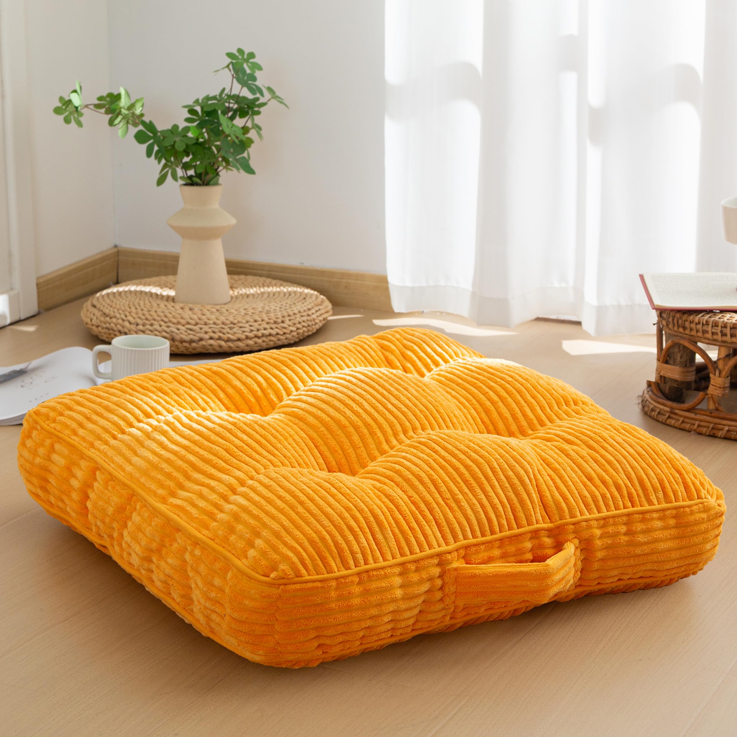 HIGOGOGO Floor Pillow Cushion for Adults, Meditation Cushion Pillow, Large Round Floor Sitting, Tufted Corduroy Cover, for Tatami Living Room or Yoga, 22x22 Inch, Beige
