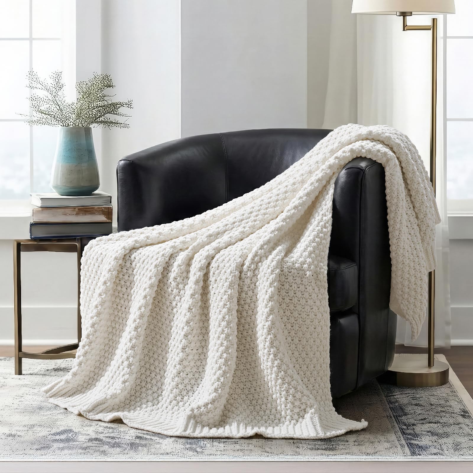 EVERGRACEHOME Modern Checkered Chenille Throw Blanket, Soft Cozy Plaid Knitted Chair Blanket for Sofa Couch, Decorative Knit Throw for Bed and Living Room, Sand Dune, 50" x 60"